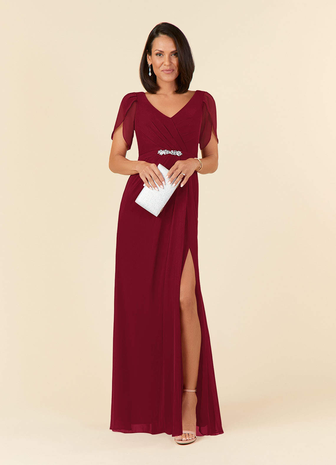 Azazie Marianne Mother of the Bride Dresses Burgundy Sheath V-Neck Pleated Chiffon Dress image3