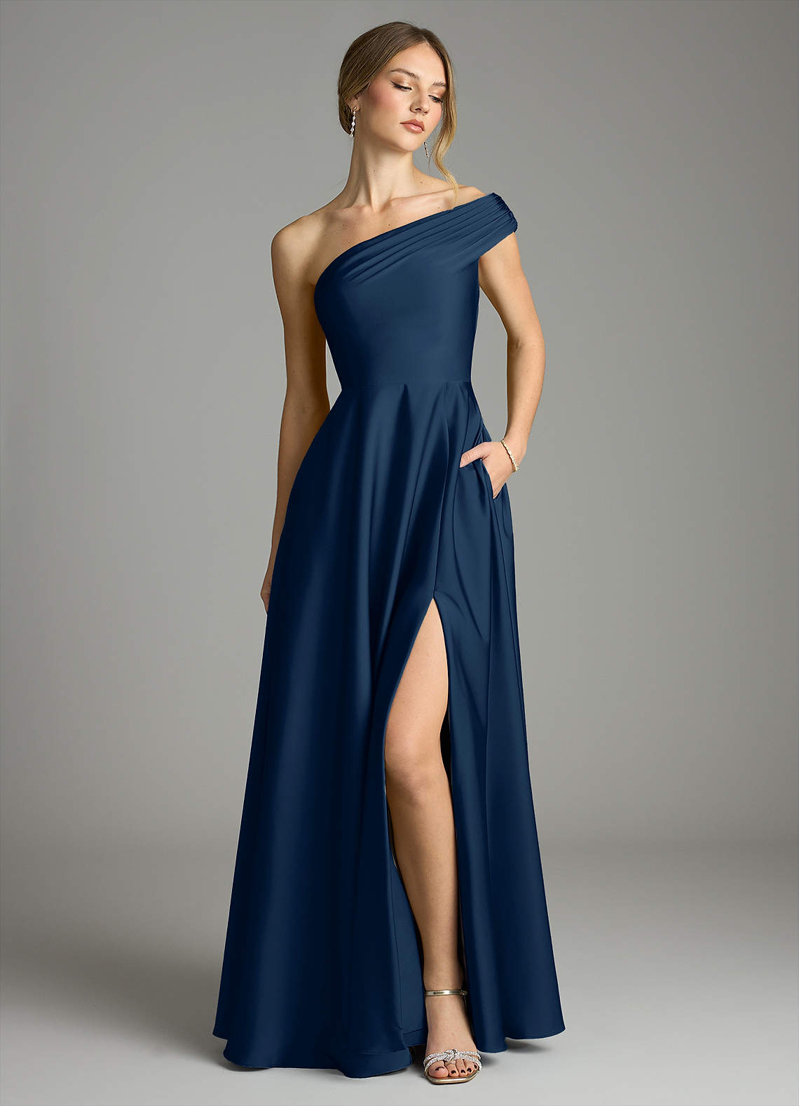 Azazie Melanie At-home Try On Dresses Dark Navy A-Line Off the Shoulder Stretch Satin Dress image1