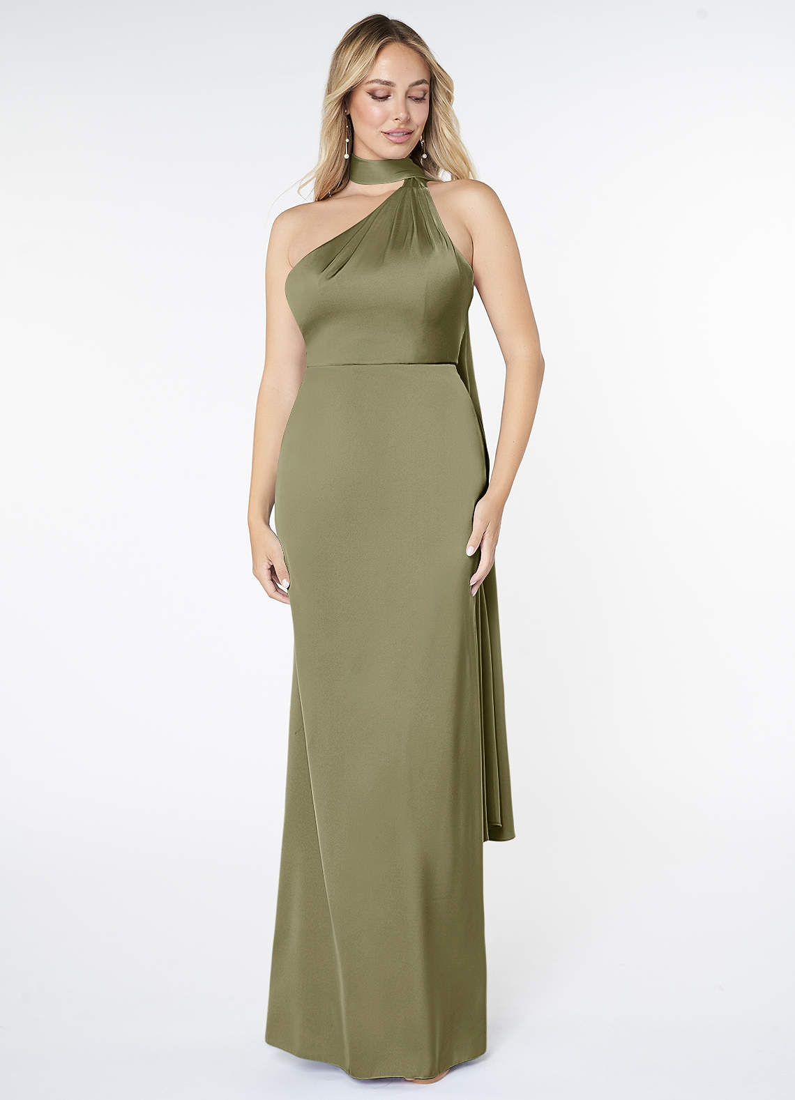 Azazie Kaylani Brautjungfernkleider Meerjungfrau-Linie Hoher Kragen Stretch-Satin Kleid Pistazie image1