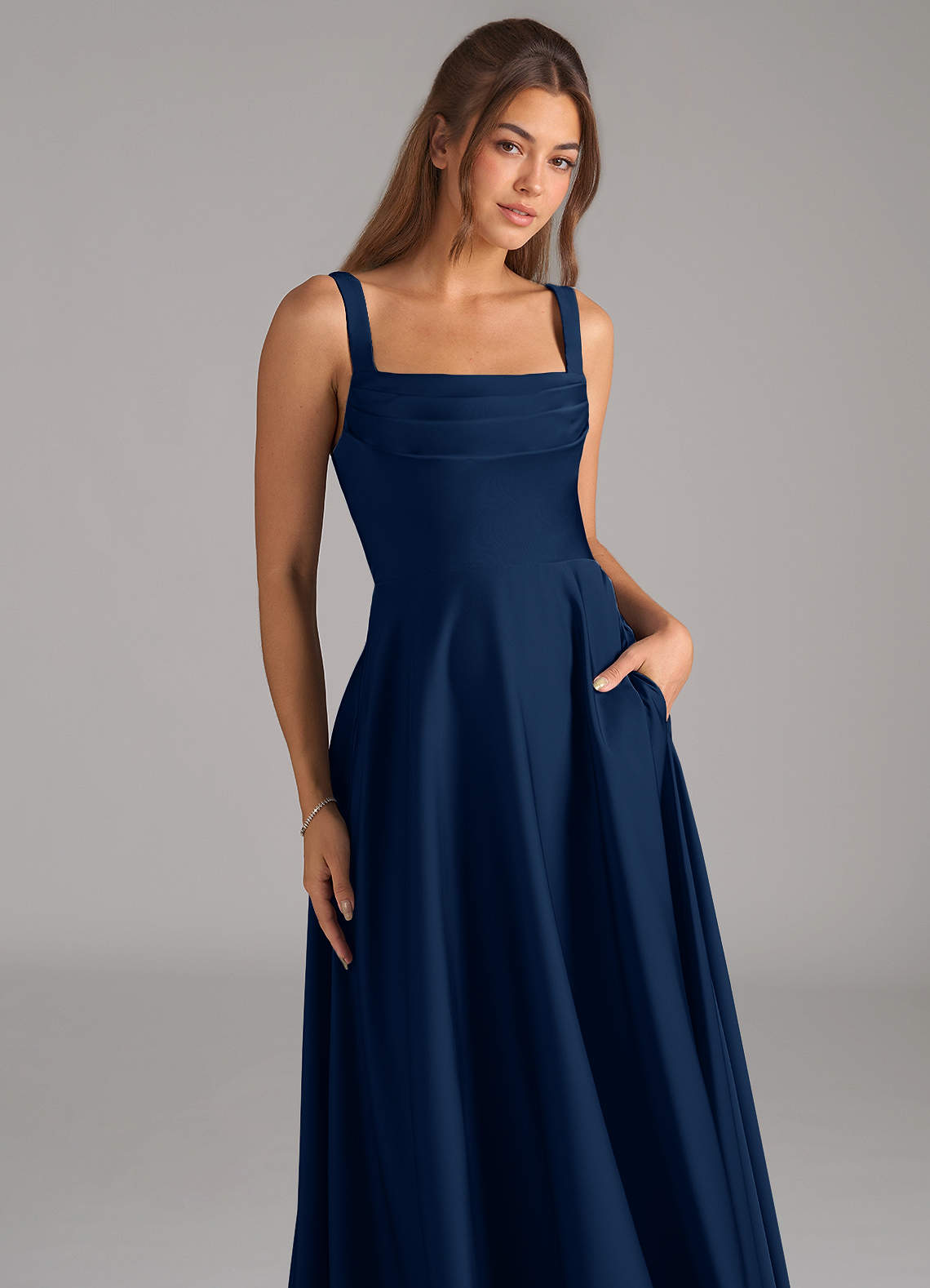 Azazie Shaude Bridesmaid Dresses Dark Navy A-Line Pleated Stretch Satin Dress image1