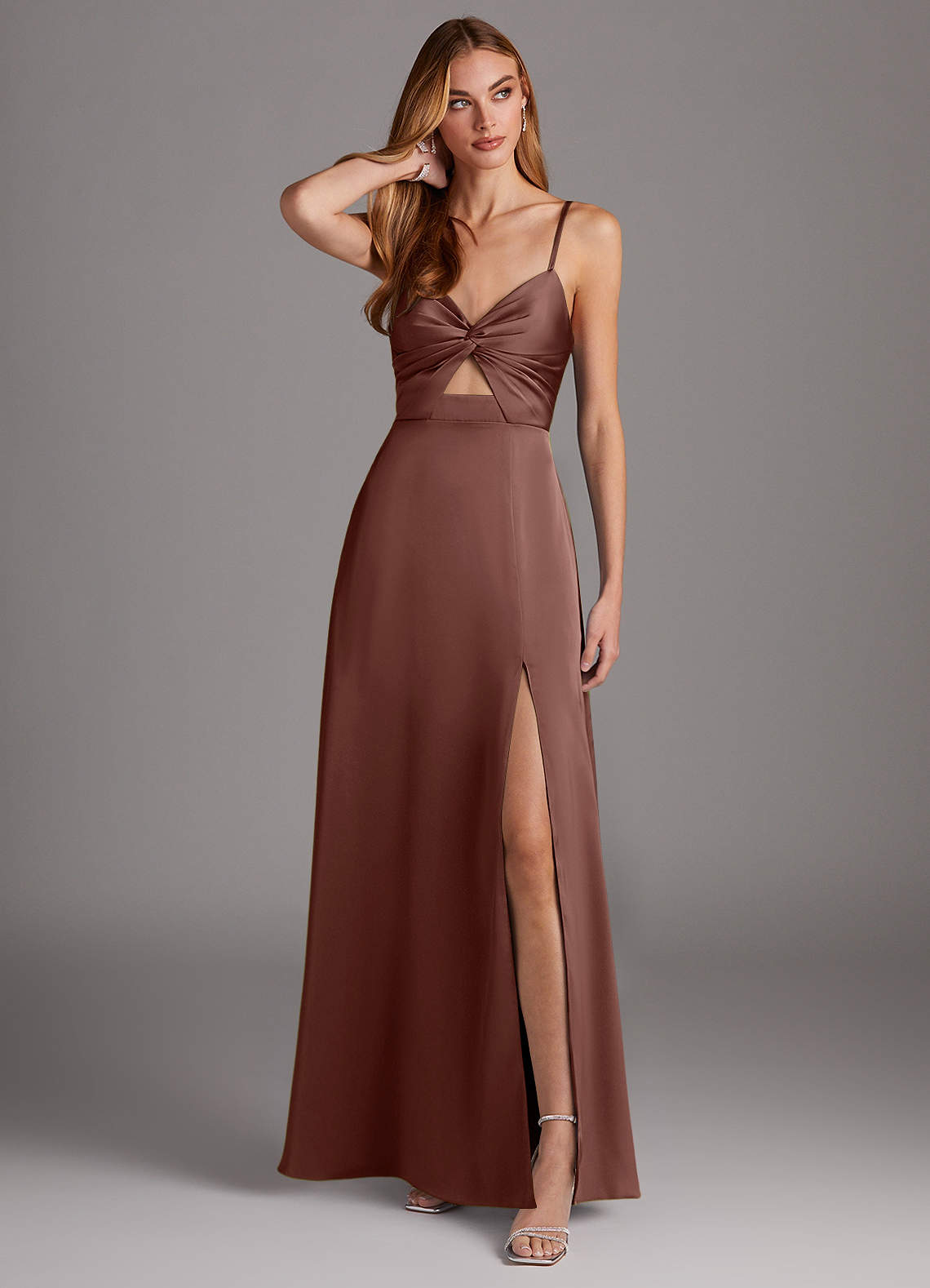 Azazie Jenna Bridesmaid Dresses Espresso A-Line Pleated Stretch Satin Dress image1
