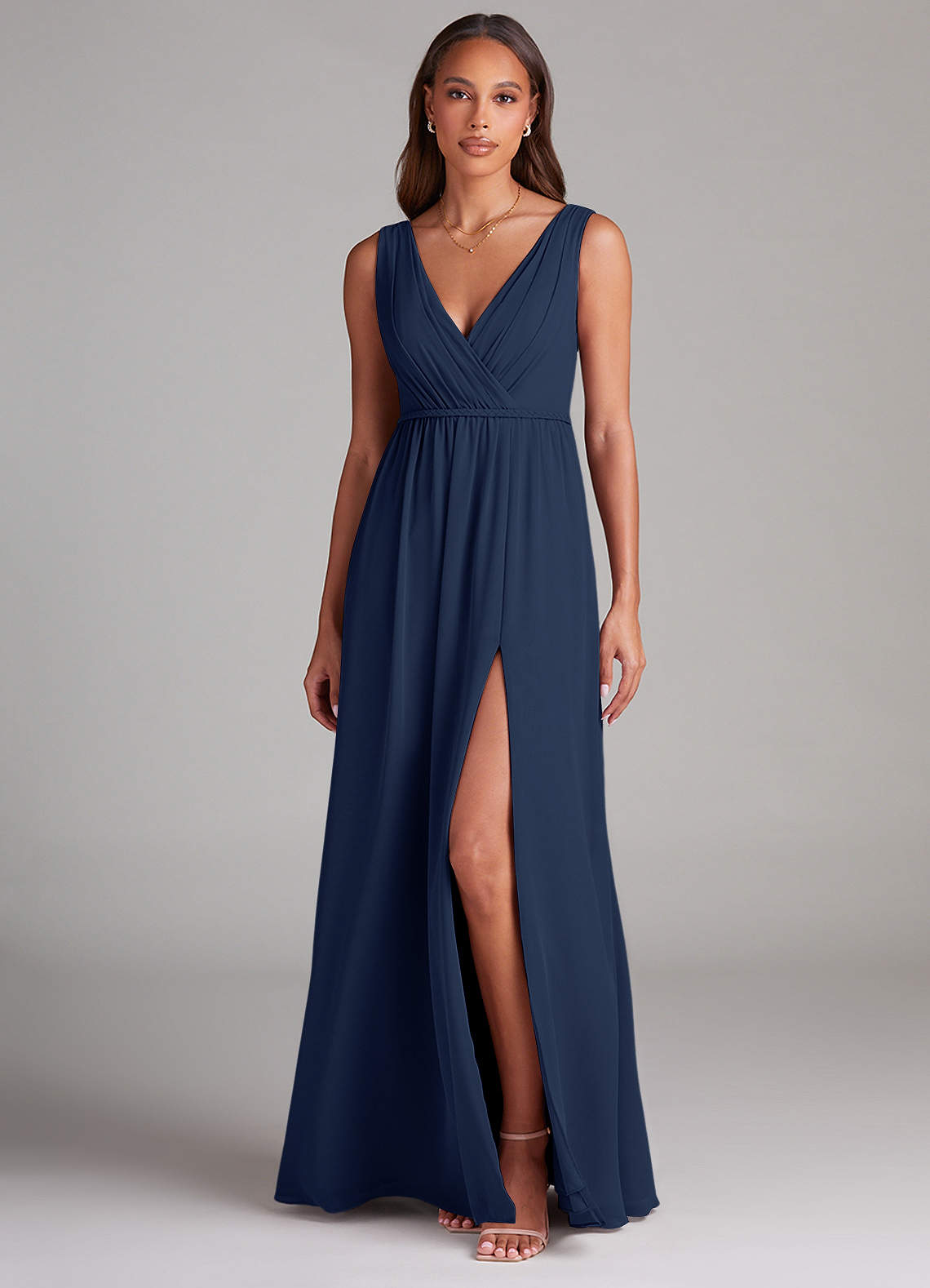 Azazie Tanicia Bridesmaid Dresses Dark Navy A-Line Pleated Chiffon Dress image1