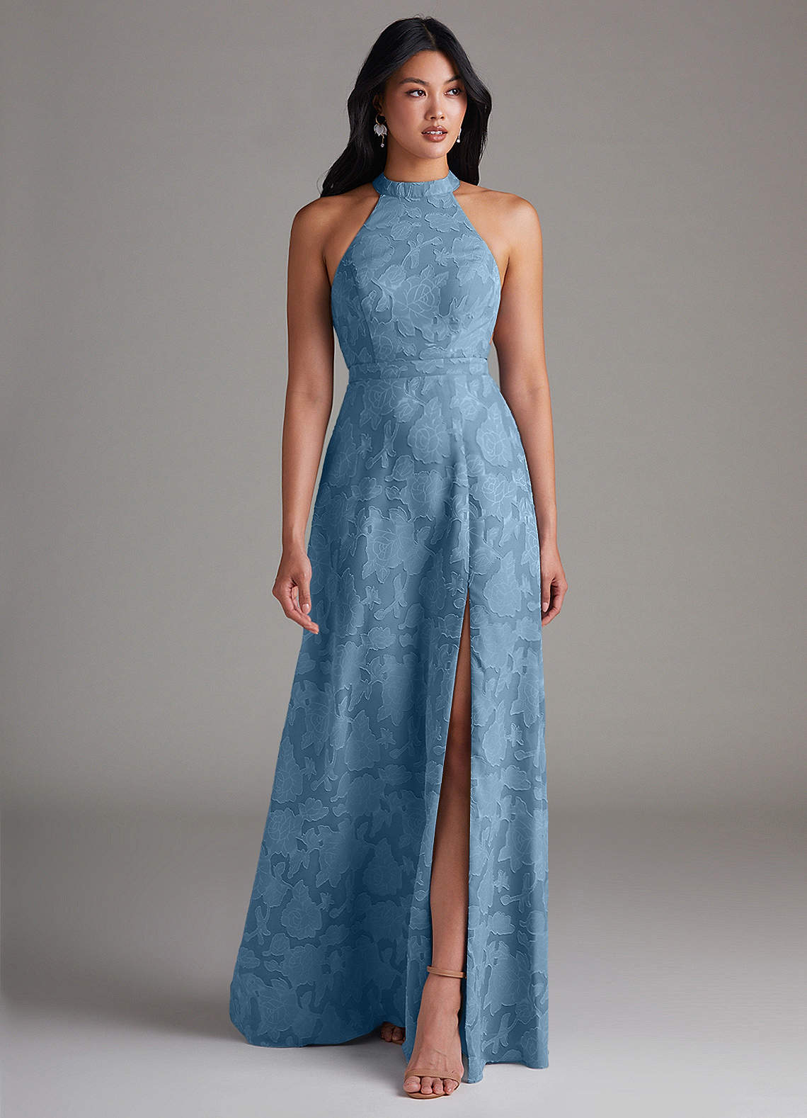 Azazie Clarice Abiti da Damigella Abito A-Line in Burnout Floreale Spacco Laterale Blu Acciaio image1
