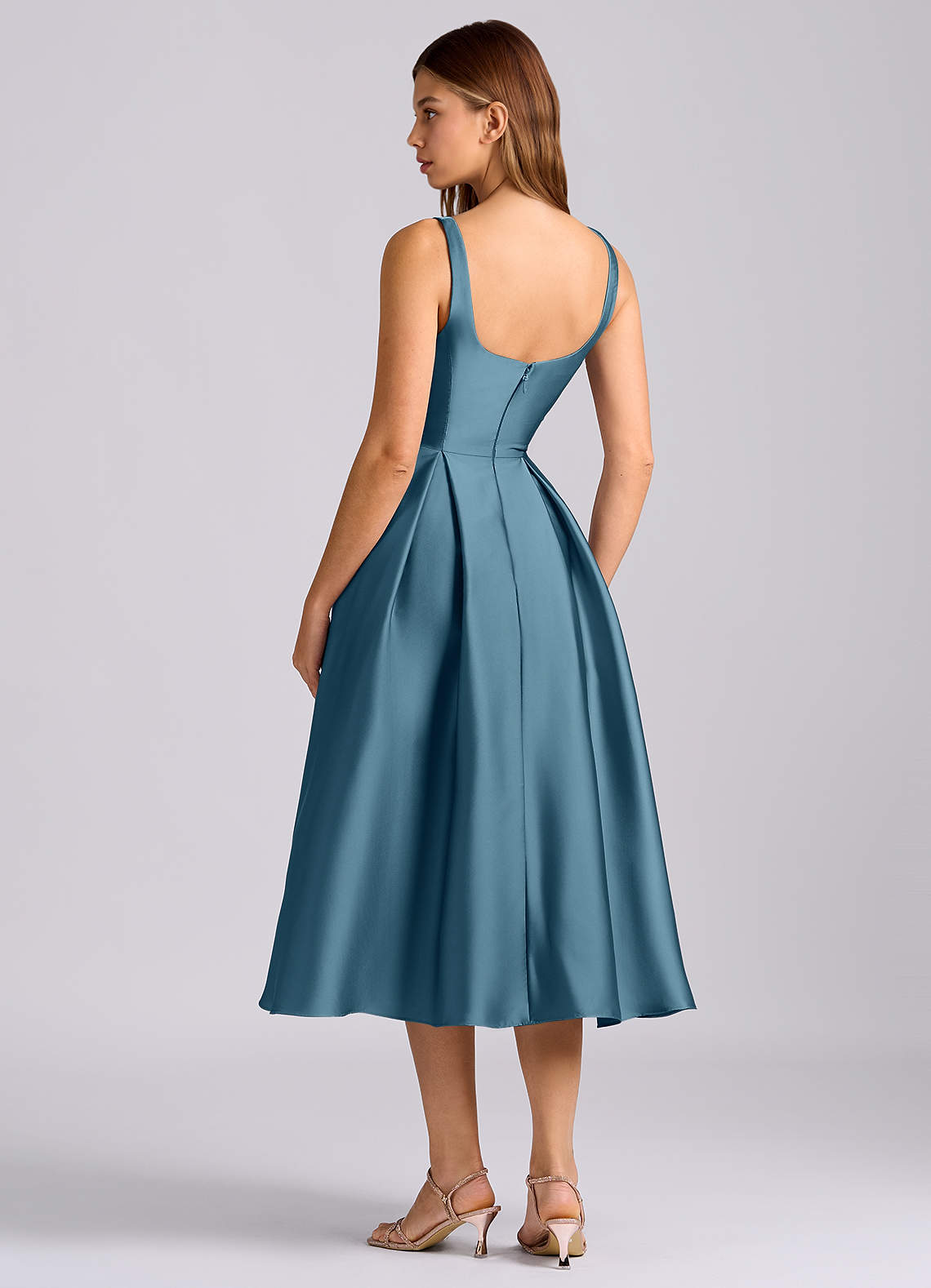 satin knee length bridesmaid dresses Azazie Amalie Bermuda Stretch AW26EARLYACCESS