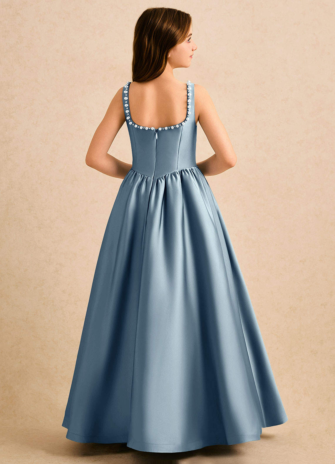 Azazie Enid Girls Formal Kukkatyttöjen mekot A-linja Helmillä koristeltu Joustava satiini Lattian pituus Mekko image1