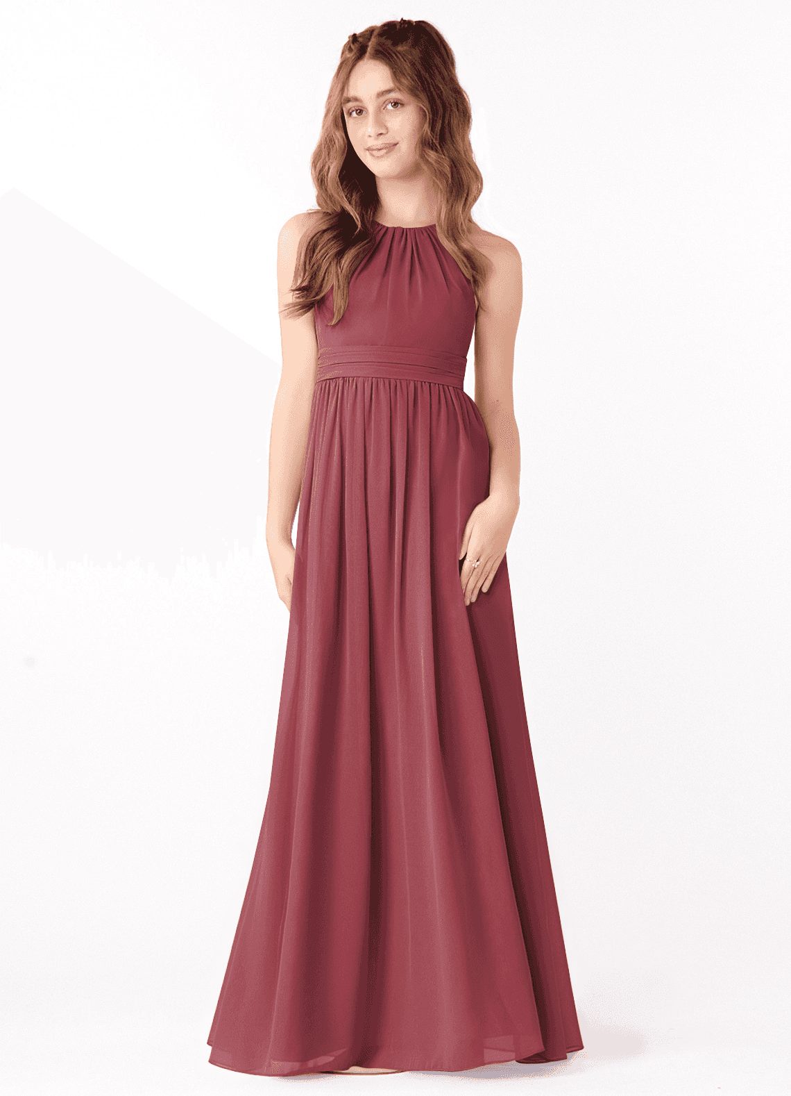 Azazie Jaylah Junior Merlot A-Line Ruched Chiffon Dress image1