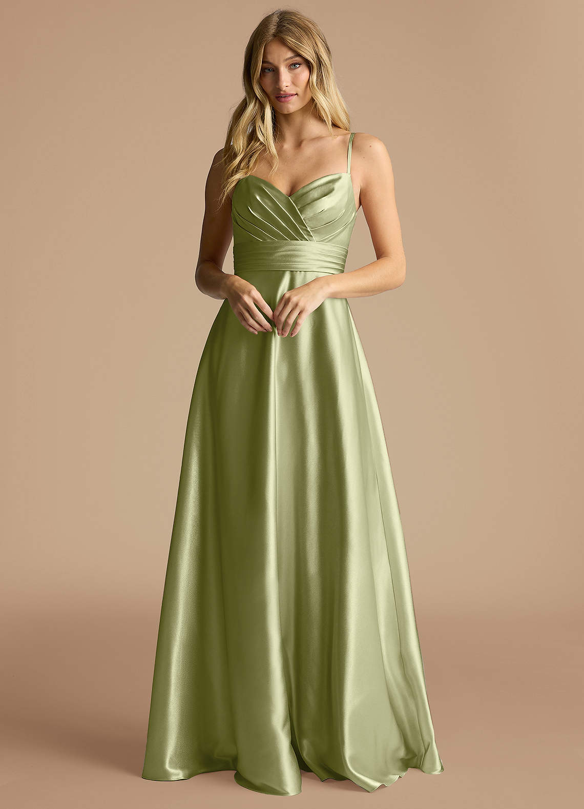 Azazie Oliana Bridesmaid Dresses Pistachio A-Line Pleated Metallic Satin Dress image1