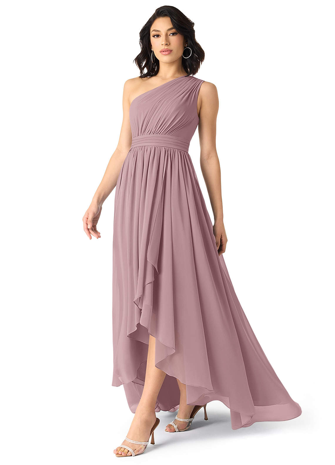 Azazie Mathilda At-home Try On Dresses Dusty Rose A-Line One Shoulder Chiffon Dress image2