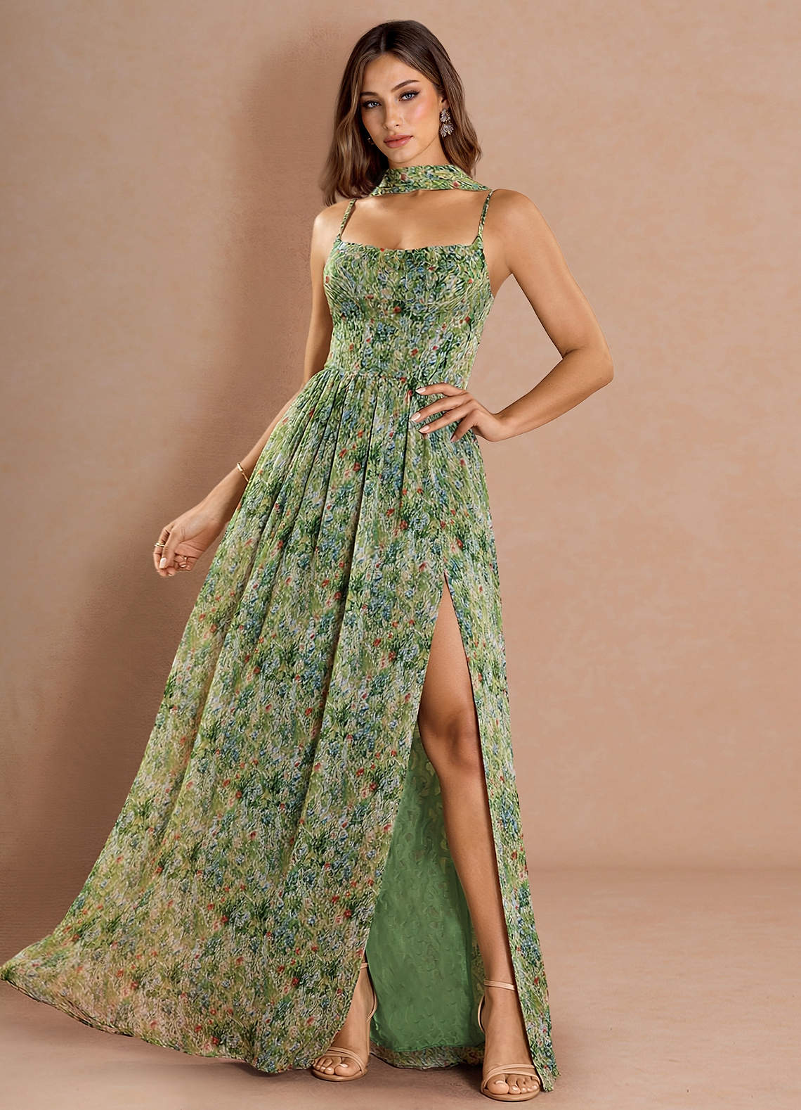 green floral strappy dress Adele Bottle Green Velvet Ruched Strappy Fishtail Maxi Dress – Club L  London