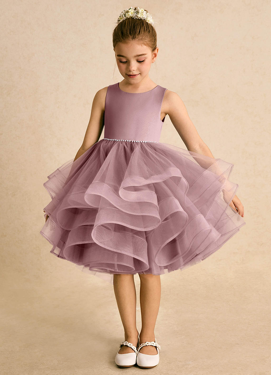 Azazie Tinie Flower Girl Dresses Dusty Rose Ball-Gown Bow Tulle Dress image4