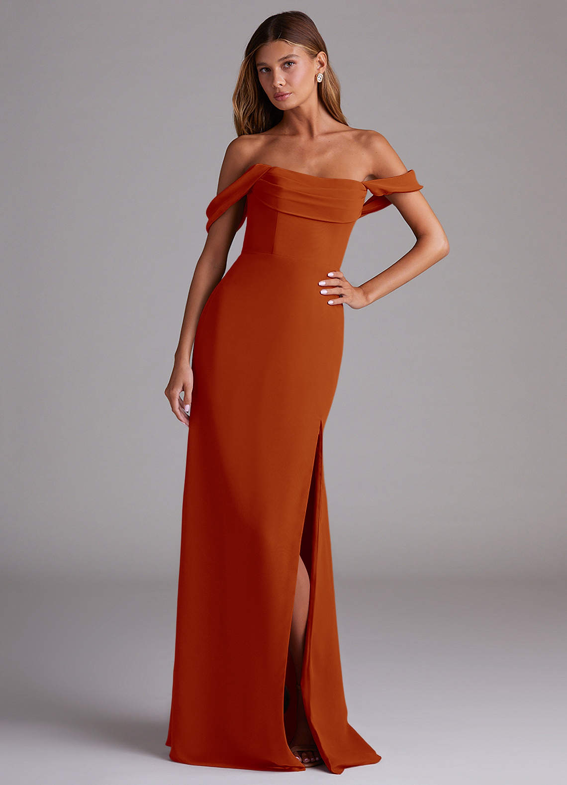 Azazie Saige Bridesmaid Dresses Paprika A-Line Off the Shoulder Chiffon Convertible Dress image3