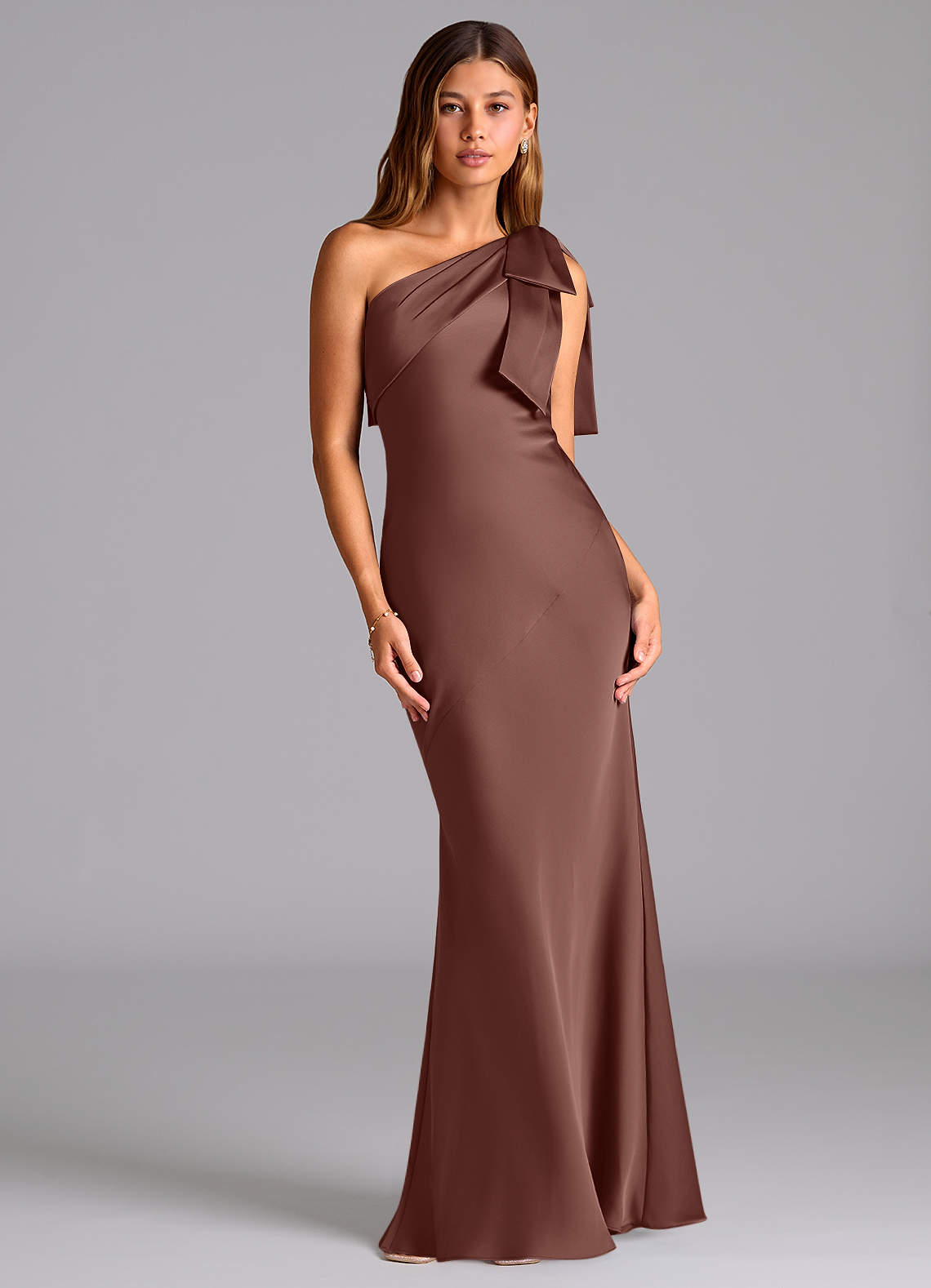 Azazie Yuanna Bridesmaid Dresses Espresso Mermaid One Shoulder Stretch Satin Dress image1