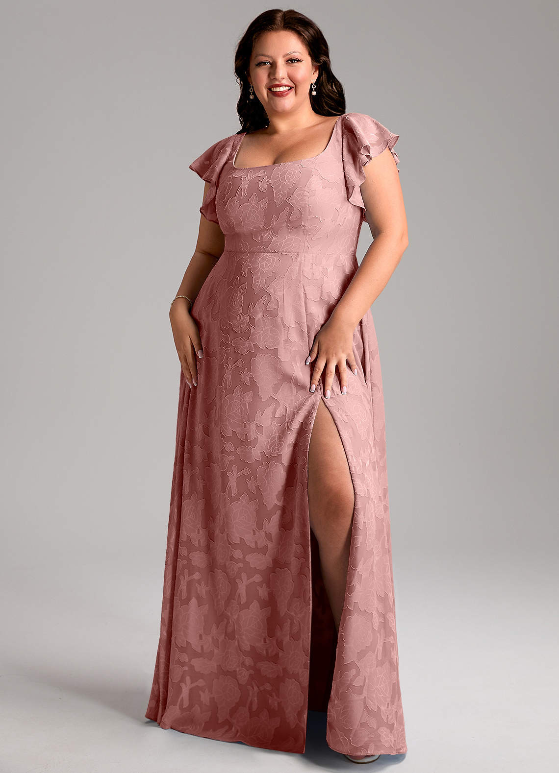 Azazie Bondi Bridesmaid Dresses Dusty Rose A-Line Side Slit Floral Burnout Dress image1