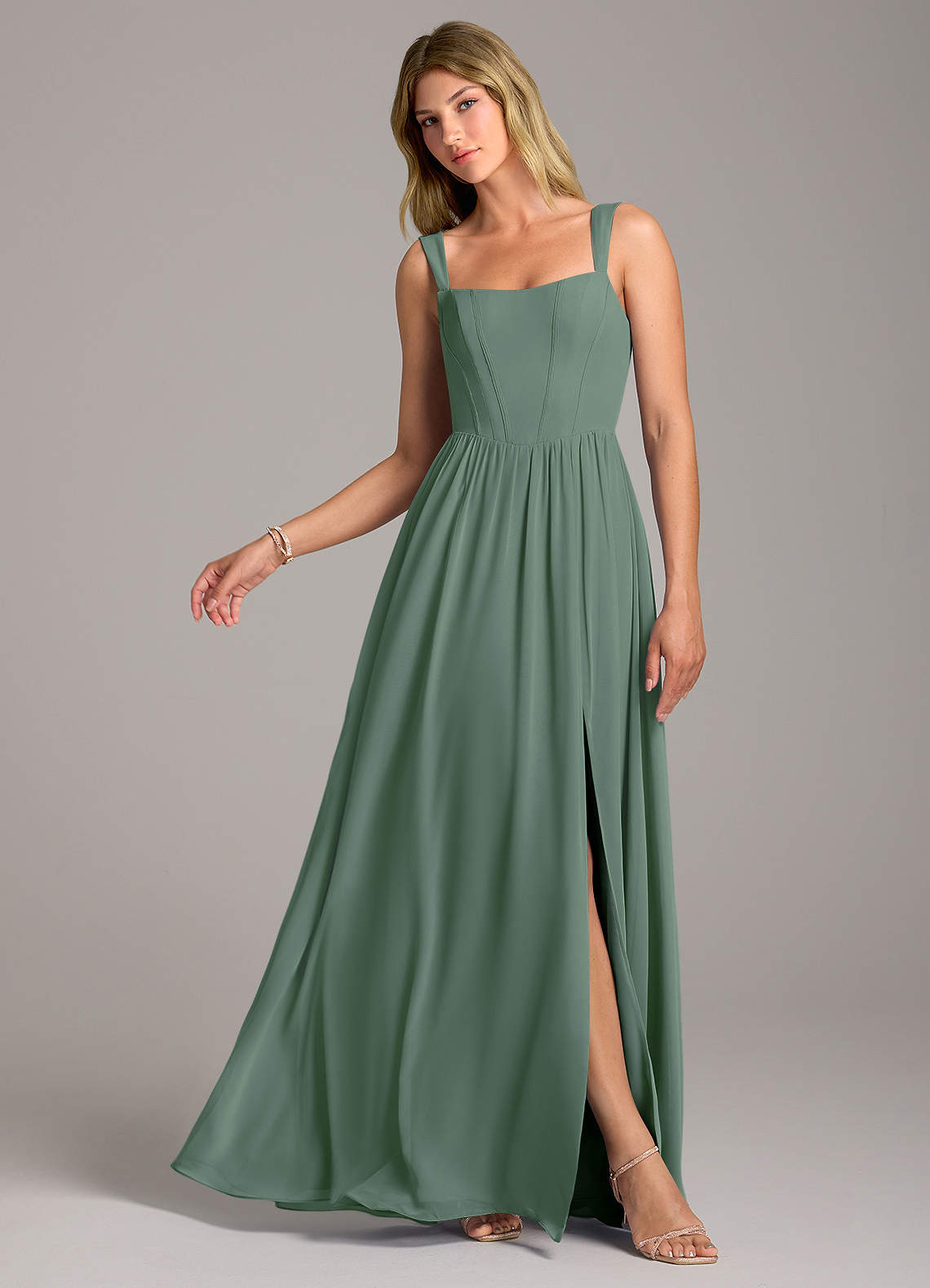 bridesmaid dresses with thick straps Wedtrend Women Bridesmaids Spaghetti Straps Long Chiffon Bridesmaid Dress  with Slit – WEDTREND main image 0
