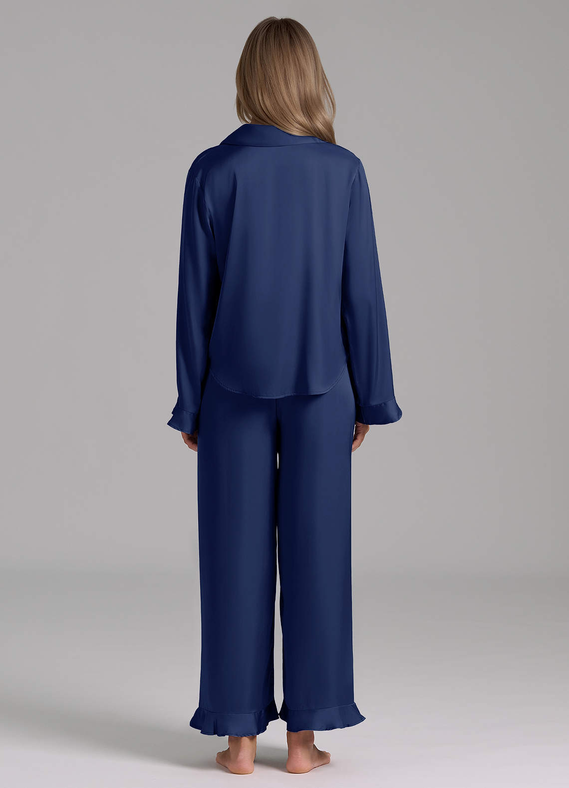 front Matching Color Ruffled Satin Long Sleeve Pajama Set