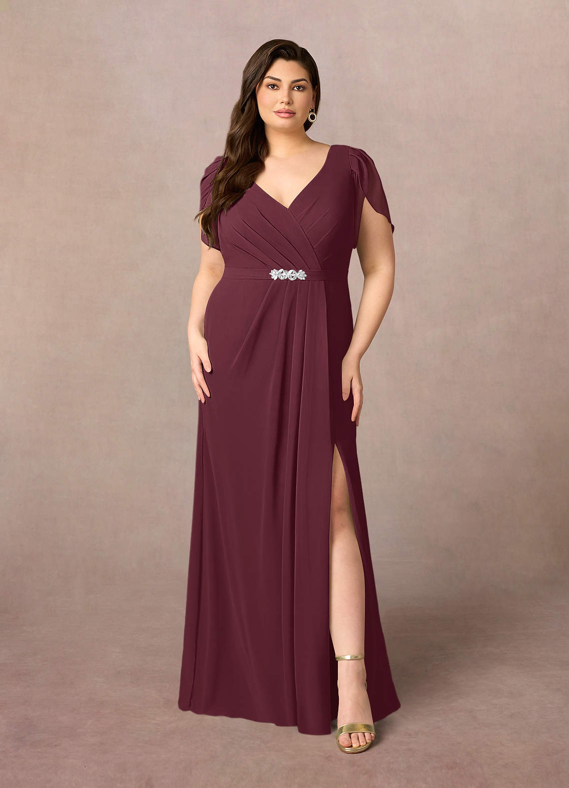 Azazie Marianne Mother of the Bride Dresses Cabernet Sheath V-Neck Pleated Chiffon Dress image1