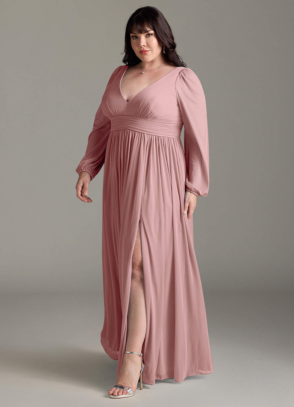 Azazie Norah Abiti da Damigella Abito A-Line in Chiffon con Maniche lunghe e Scollo a V Rosa Polverosa image10