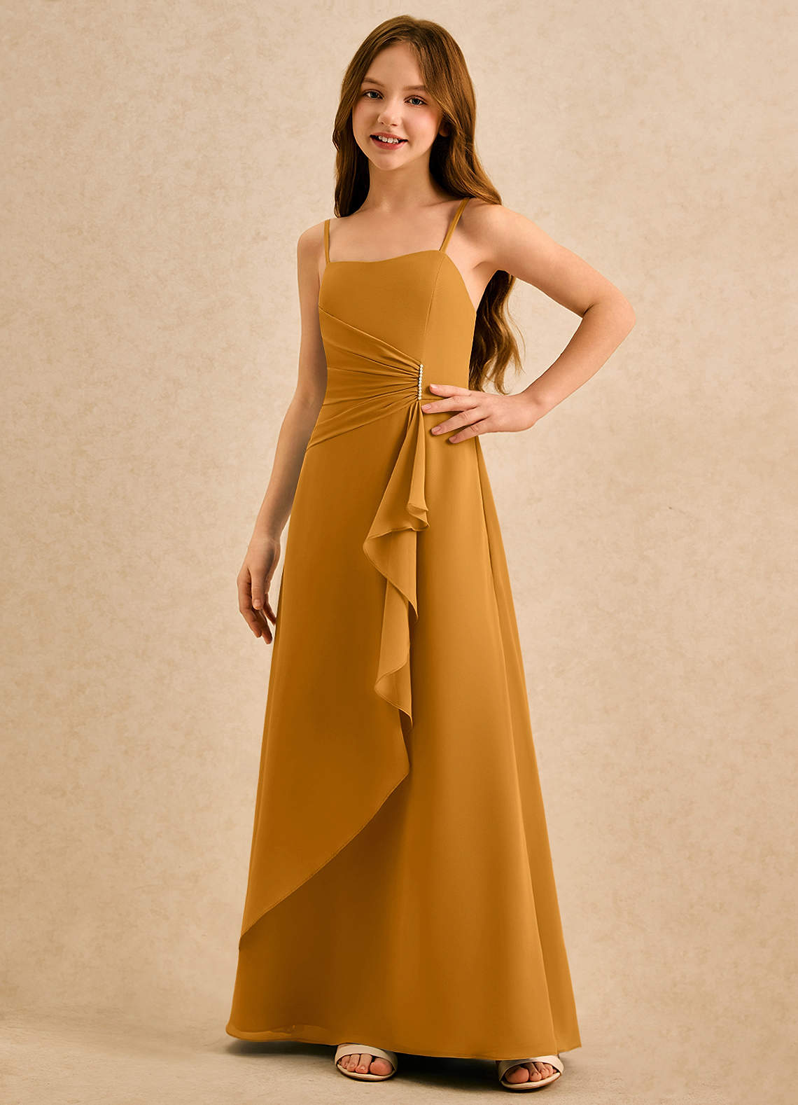Azazie lolly Girls Formal Robe Demoiselle D'honneur Fillette Robe Trapèze en Mousseline de soie Plissée Caramel écossais image4