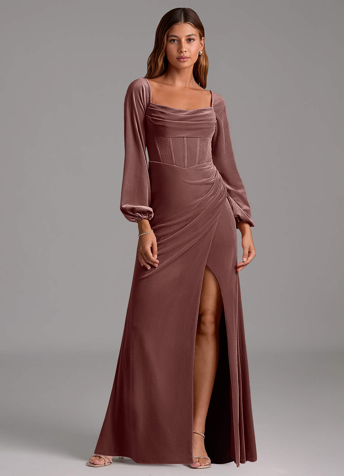 Azazie Charissa Bridesmaid Dresses Espresso Sheath Long Sleeve Velvet Dress image1