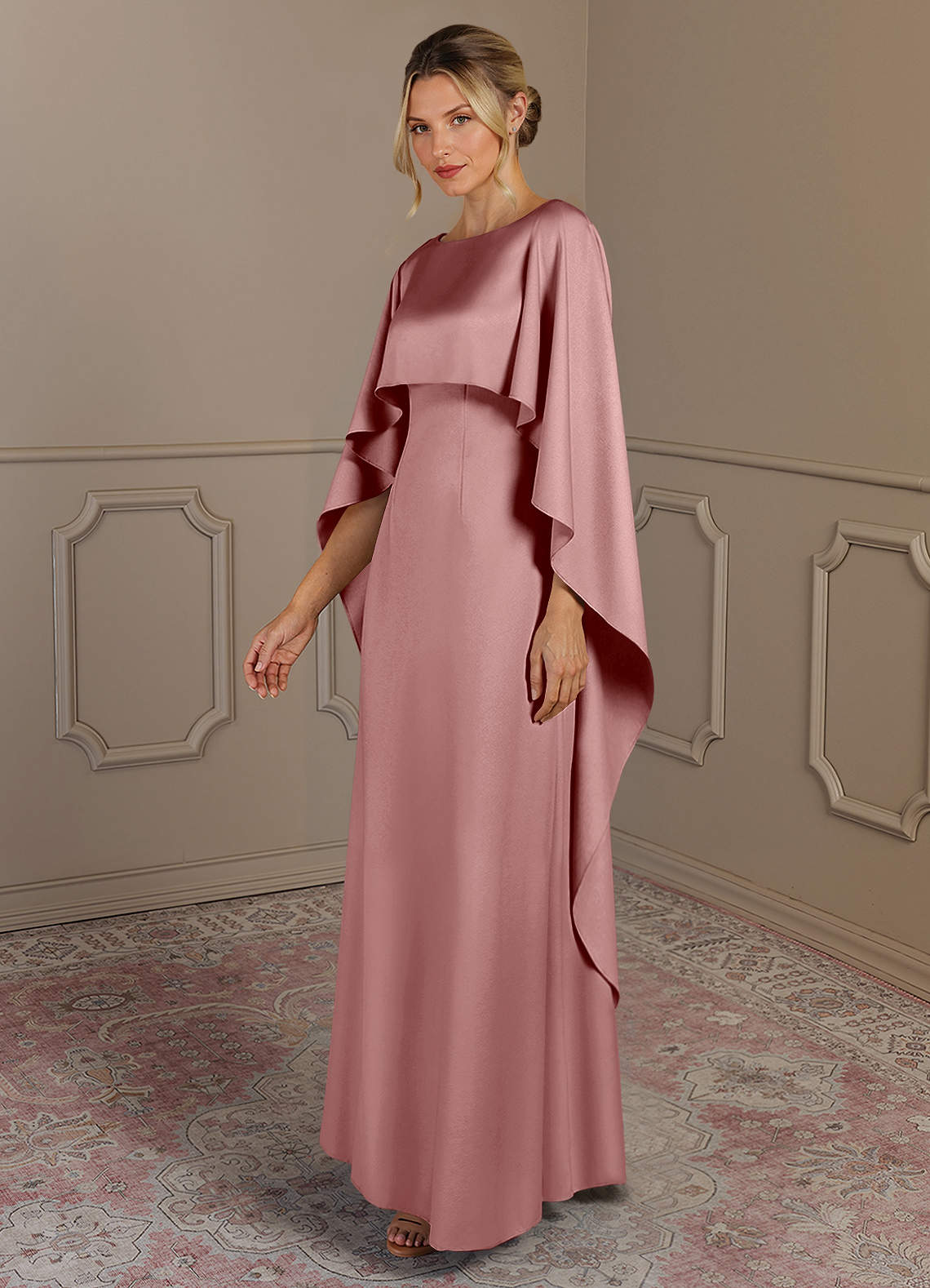 Azazie Eli Mother of the Bride Dresses Dusty Rose Sheath Boatneck Stretch Satin Dress image2