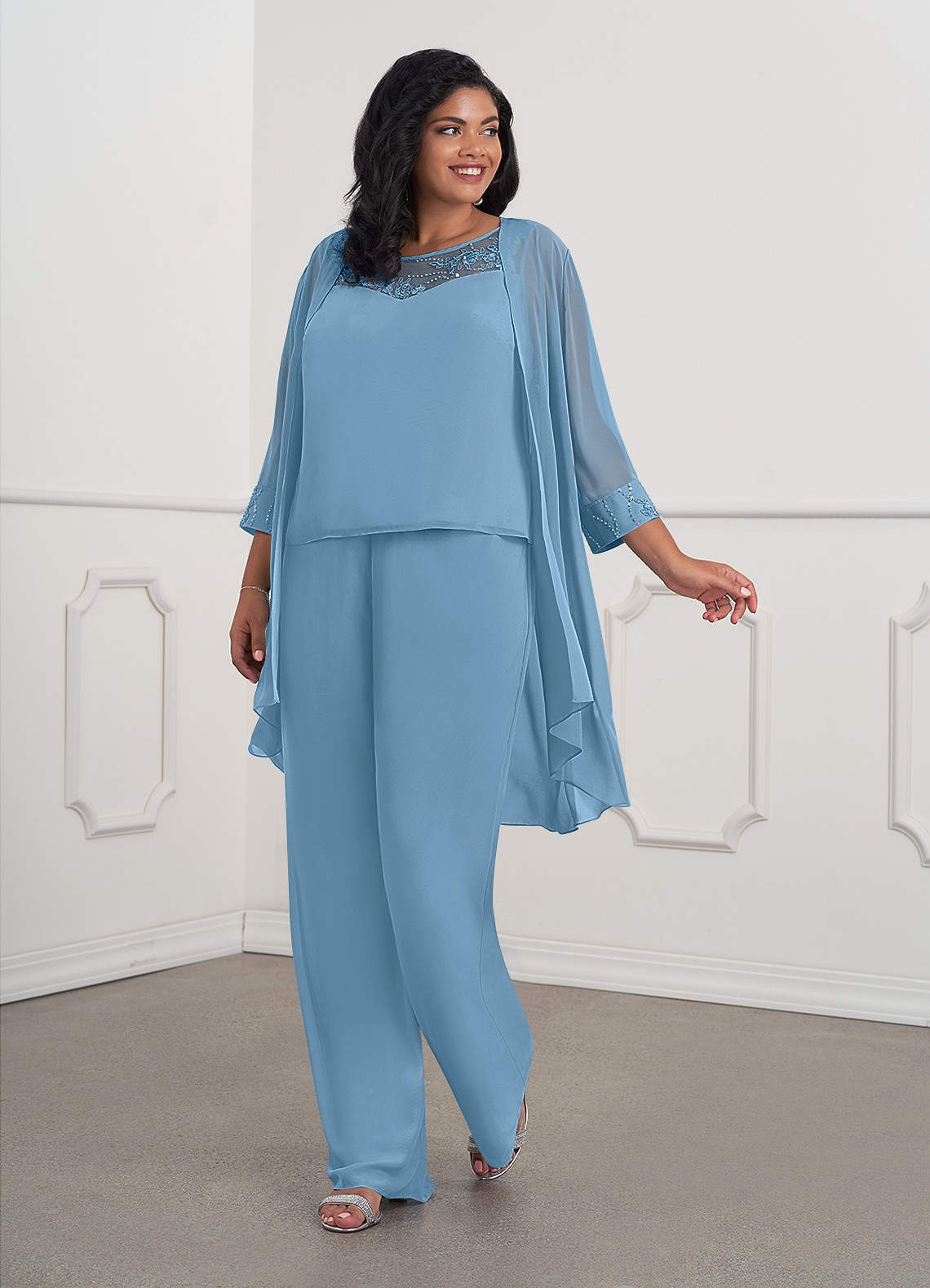 Azazie Maura Mother of the Bride Dresses Steel Blue Jumpsuit/Pantsuit Sequins Chiffon Dress image1