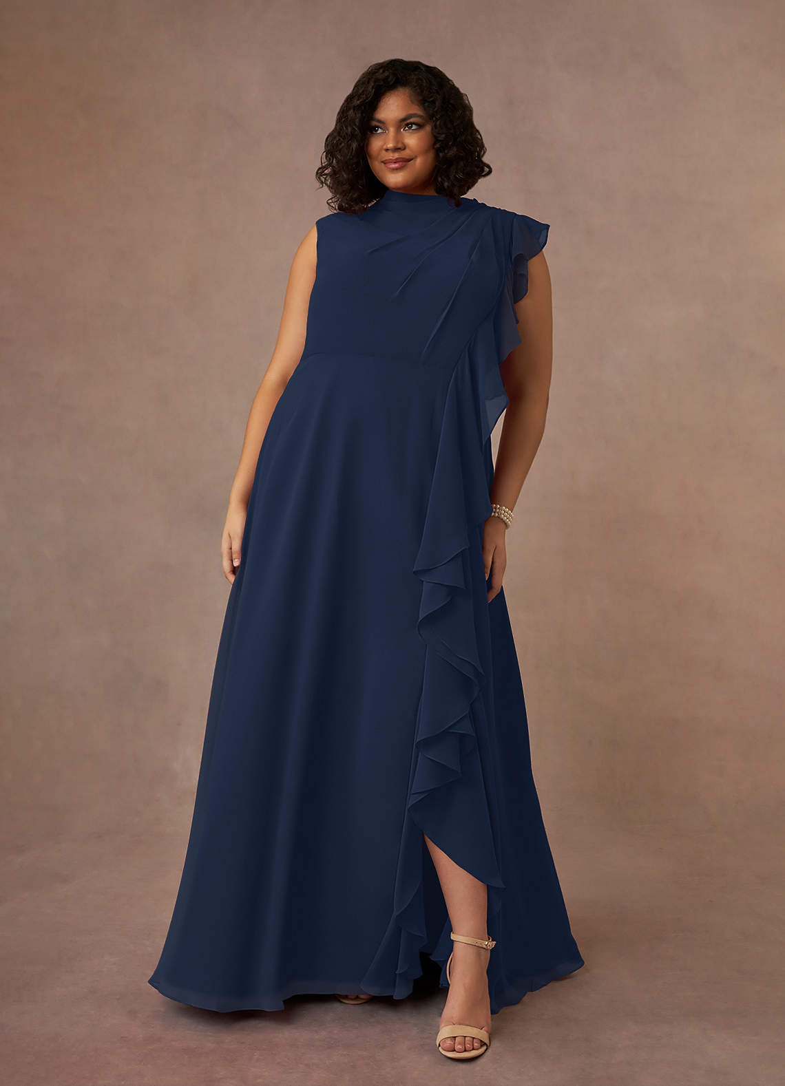 Azazie Narine Mother of the Bride Dresses Dark Navy A-Line High Neckline Pleated Chiffon Dress image1