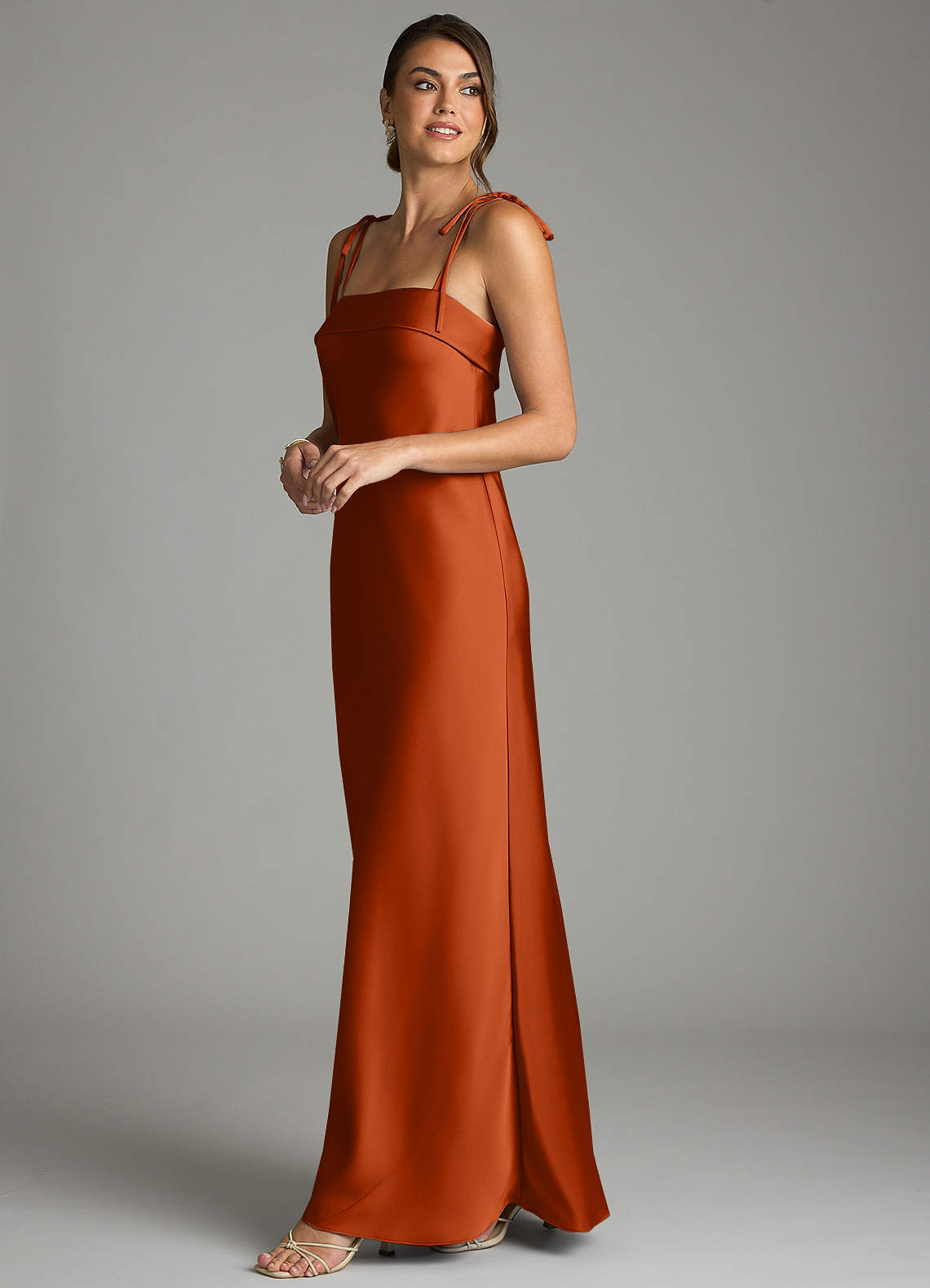 Azazie Sheath Straight Floor-Length Stretch Satin Bridesmaid Dresses - Burnt Orange
