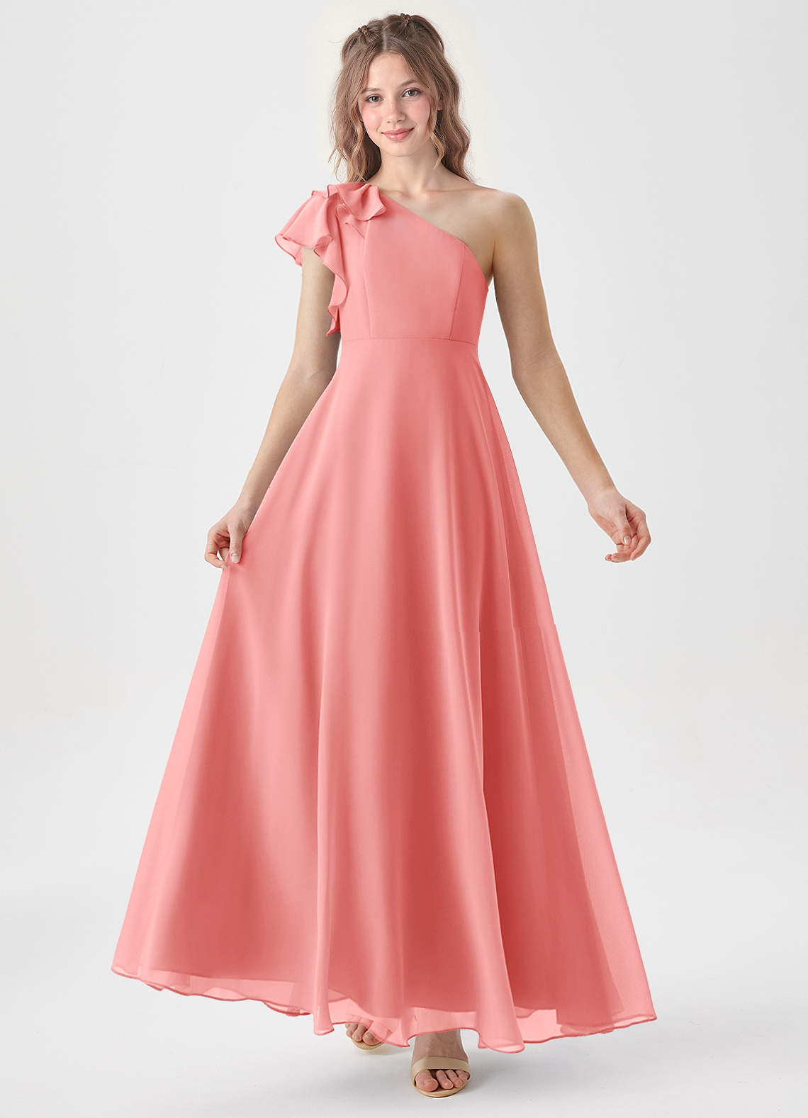 Azazie Arabella Junior Coral A-Line Ruched Chiffon Dress image1