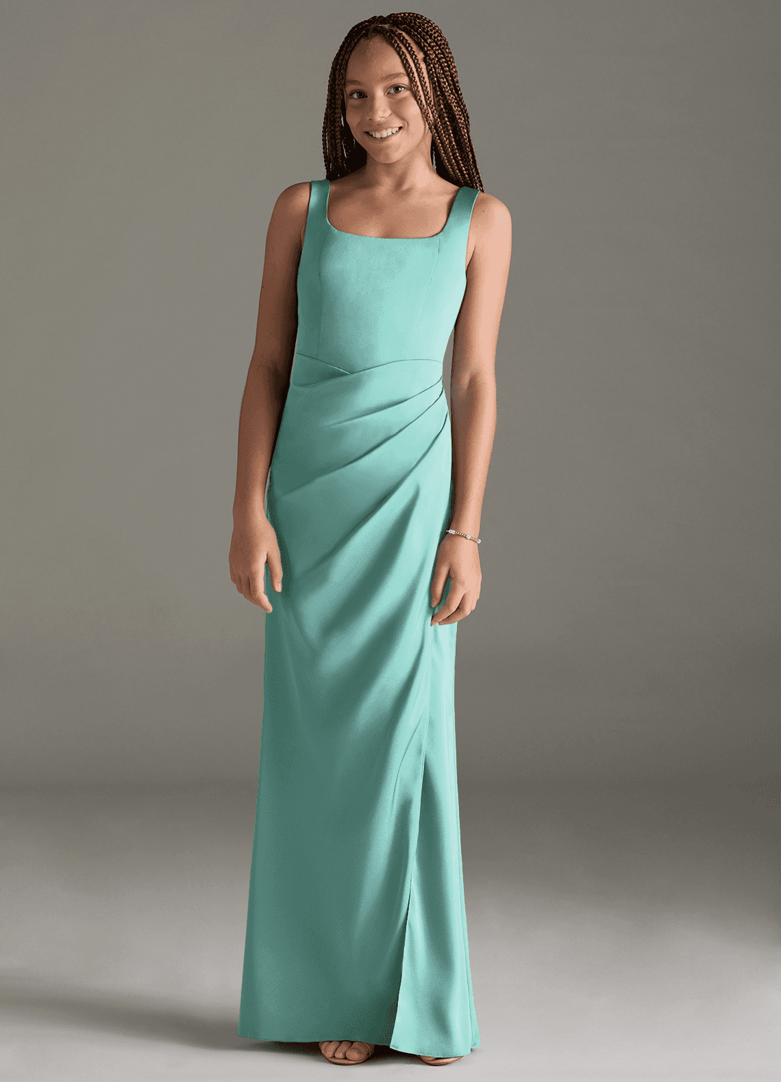 Azazie Mero Junior Aqua Mermaid Pleated Stretch Satin Dress image1