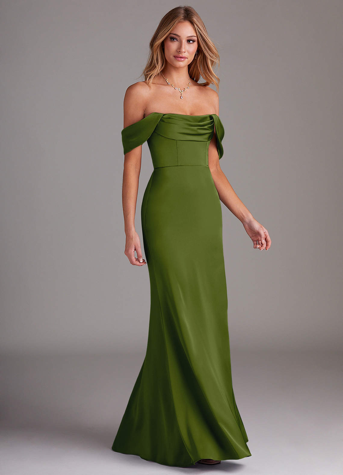 Azazie Saige Bridesmaid Dresses Juniper Sheath Off the Shoulder Stretch Satin Dress image5