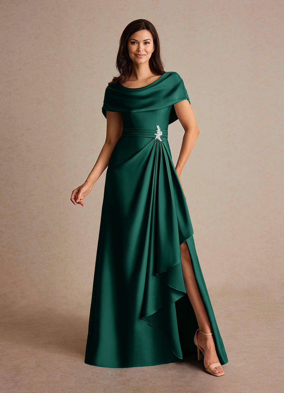 Azazie Branford Emerald A-Line Pleated Stretch Satin Dress Azazie - Main Image