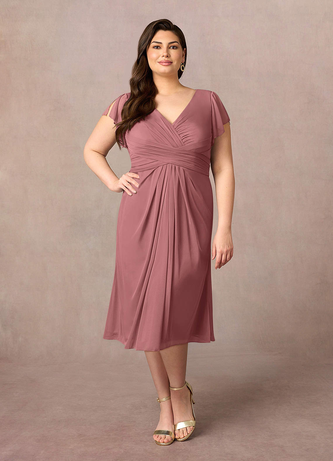 Azazie Vera vestidos de madre de la novia Vestido de Rosa Del Desierto de Malla de Corte En A con Cuello en V plisado image1