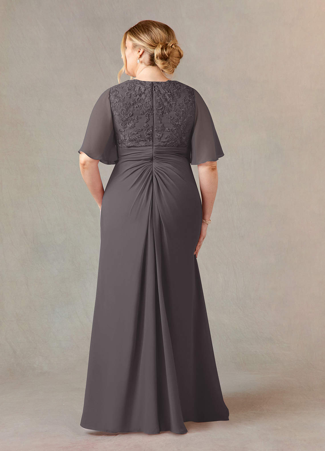 plus size gray lace dress R&M Richards 3198W Plus Size Long Lace Gown