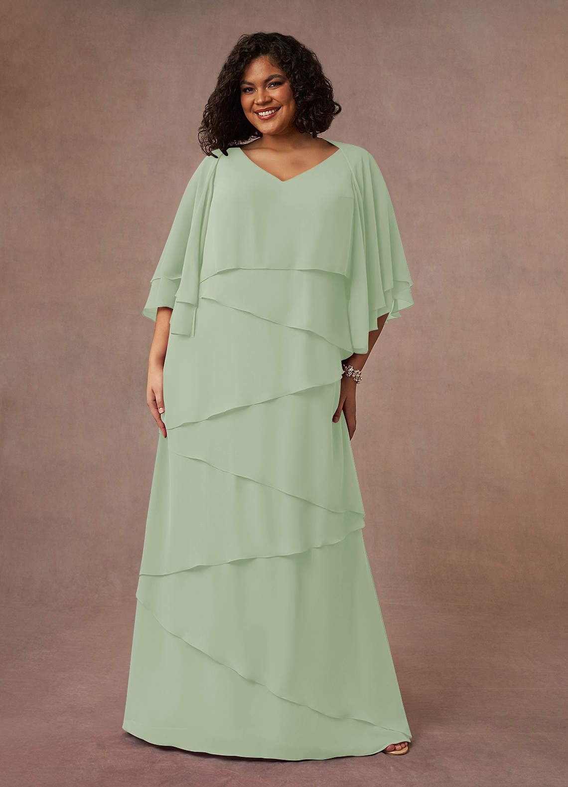Azazie OHara Kleider für die Brautmutter A-Linie V-Hals Chiffon Kleid Staubiger Salbeigrün image1