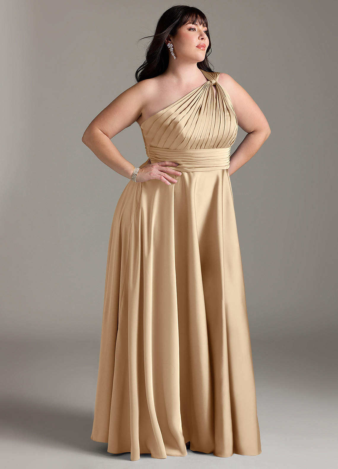 Azazie Charlize Bridesmaid Dresses Champagne A-Line One Shoulder Stretch Satin Dress image11