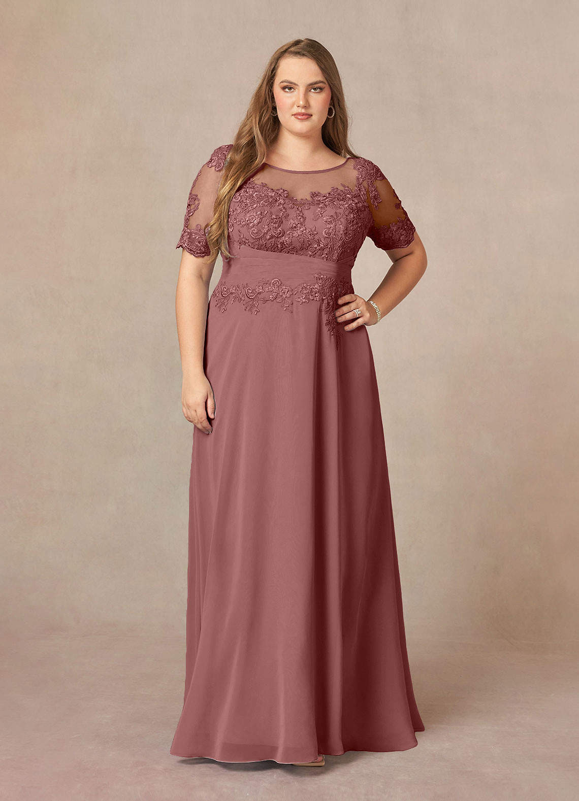 Azazie Raissa Final Sale Desert Rose A-Line Lace Chiffon Dress image1