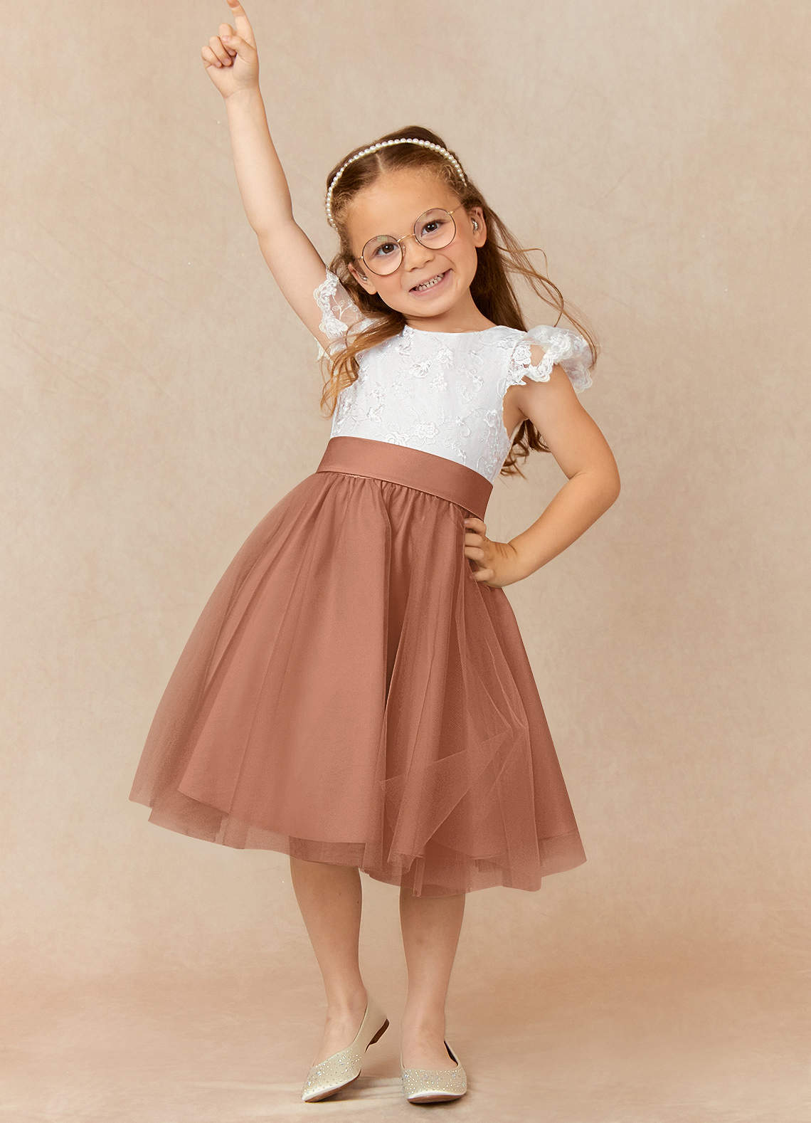 Azazie Vetty Flower Girl Dresses Ivory Bronzer A-Line Lace Tulle Dress image1