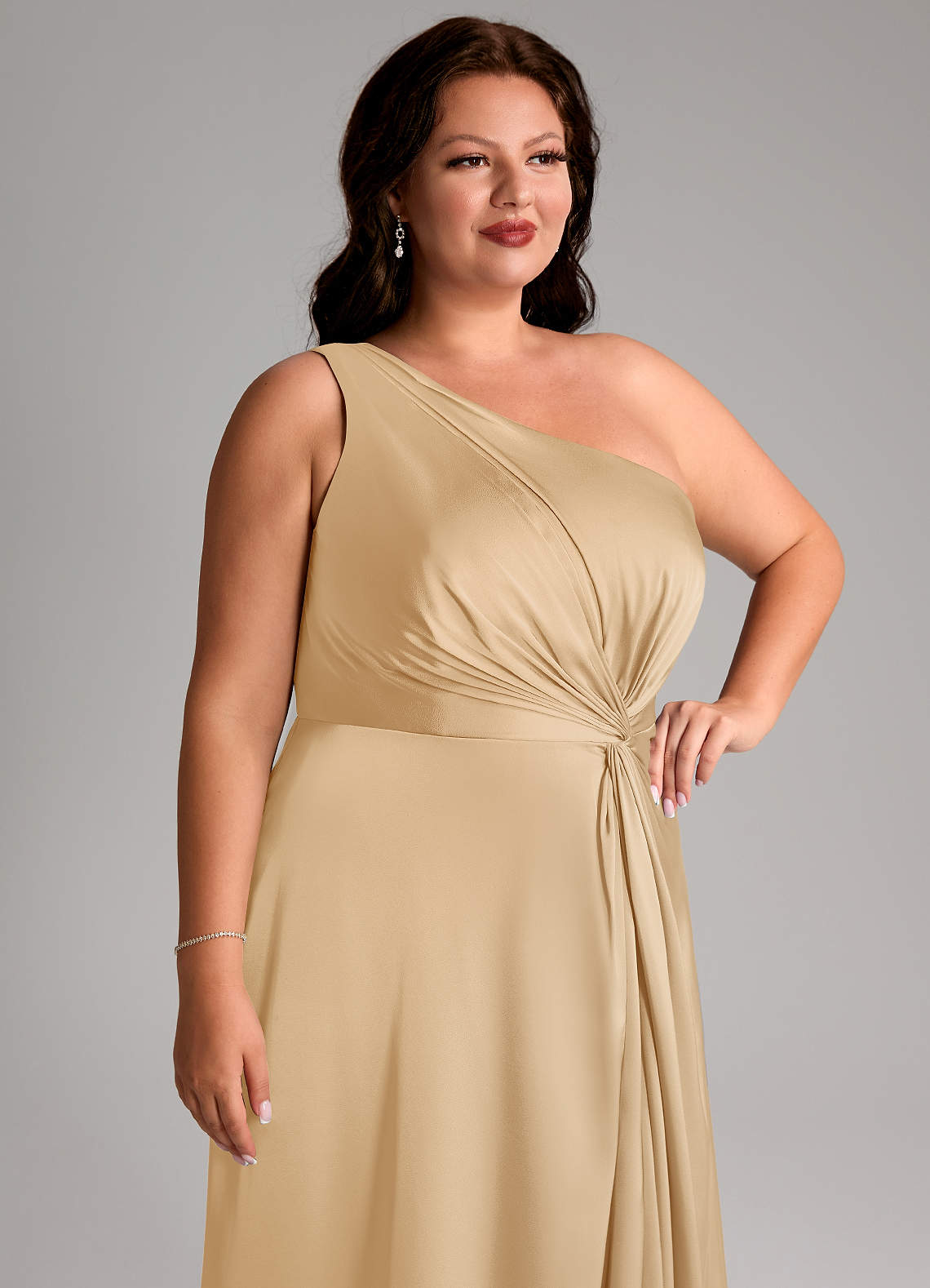 Azazie Brooke Bridesmaid Dresses Gold A-Line One Shoulder Stretch Satin Dress image12