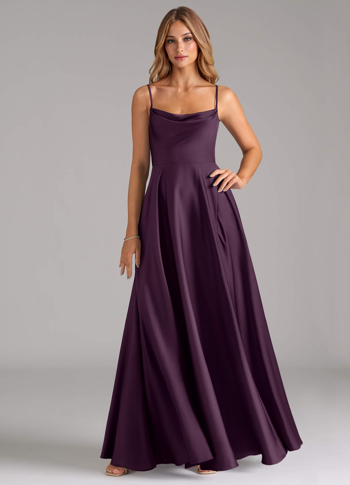 Azazie Elle Bridesmaid Dresses Plum A-Line Pleated Stretch Satin Dress image1