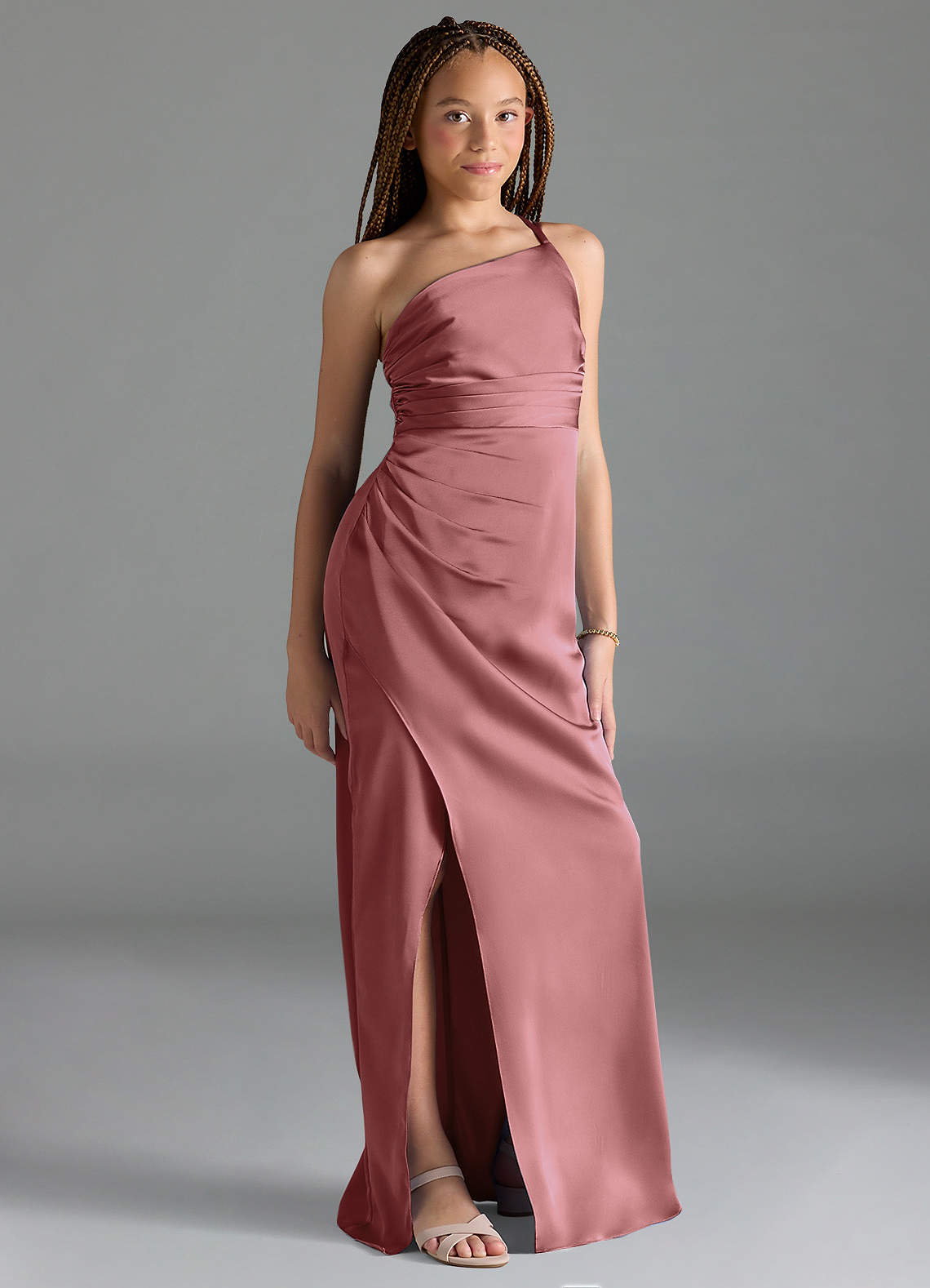 Azazie Eren Junior Vestido Ametista de Cetim elástico de Bainha com Plissado image3