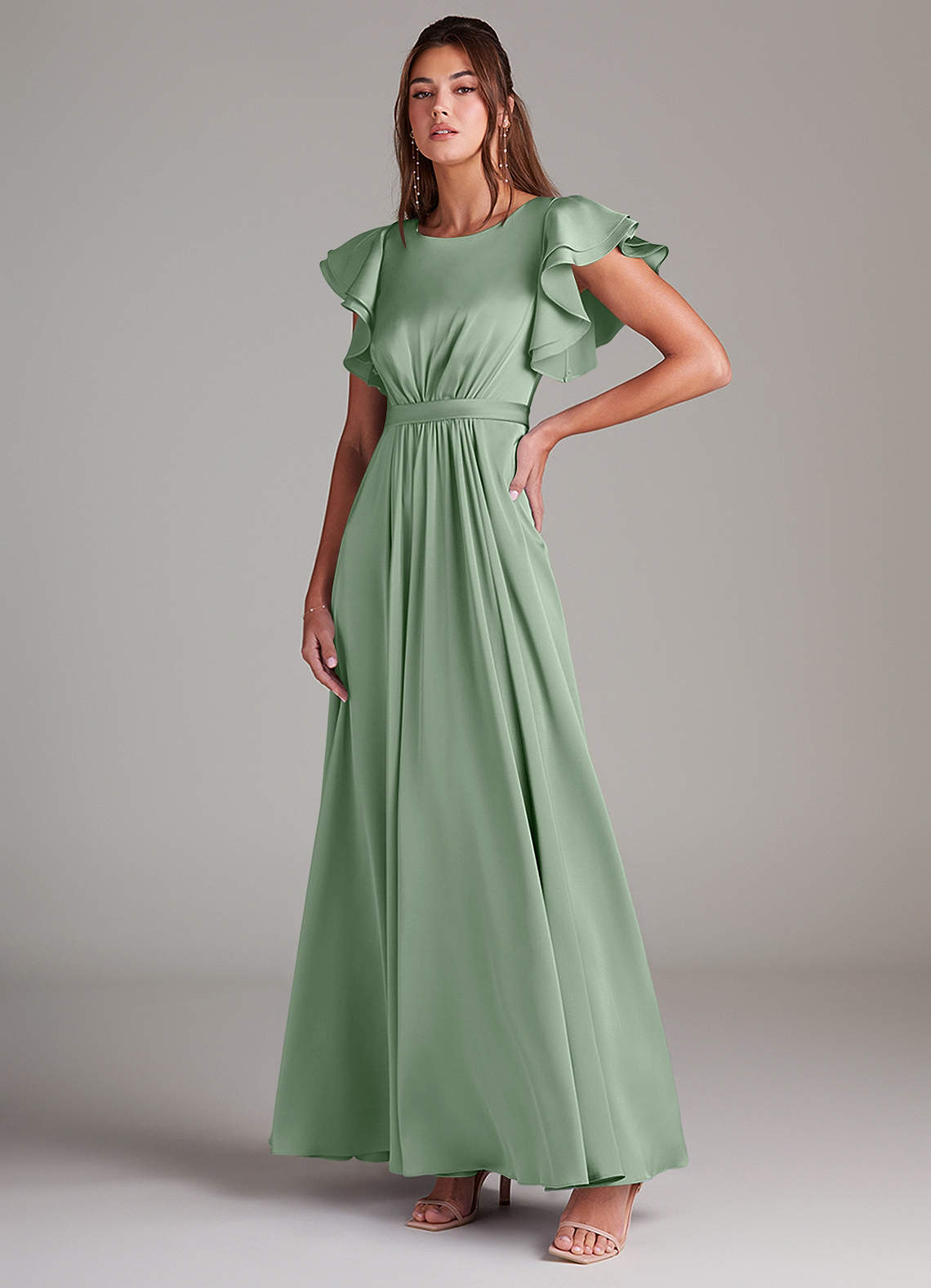 Azazie Daphne Robes de demoiselle d'honneur modestes Robe Trapèze Rayé Longueur ras du sol Satin extensible image3