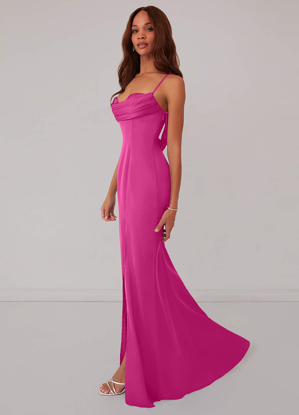 Barbie ♥ Azazie Vestidos de damas de honor Vestido de Fucsia de Satén Elástico de Corte Sirena con Corsé image3