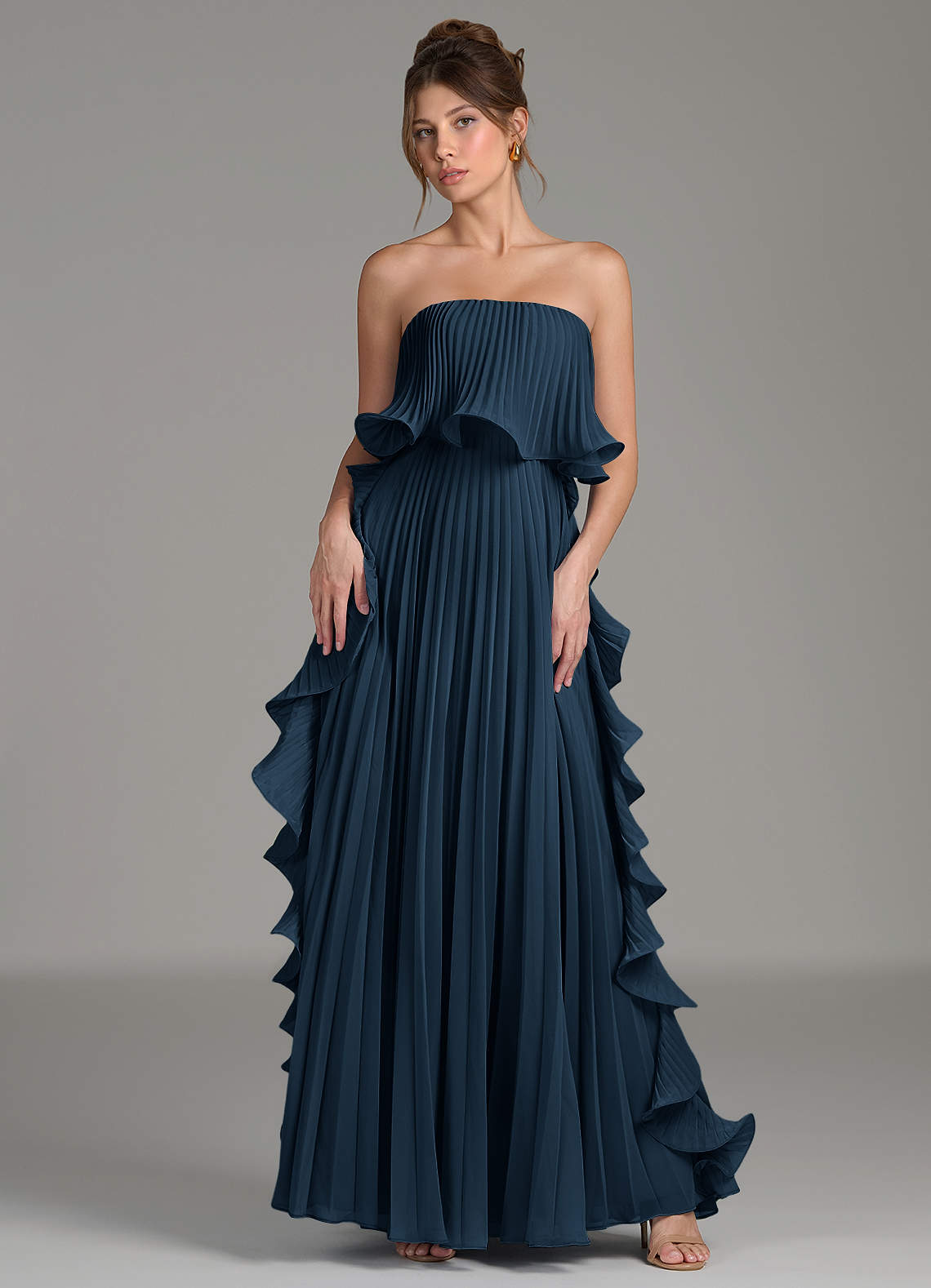 alexia designs bridesmaid dresses Azazie A-Line Strapless Floor-Length Chiffon Size:M(36–38) Off shoulder black and white floral bridesmaid dresses Brown Cocktail Dresses 2026 Crisp pleating throughout the