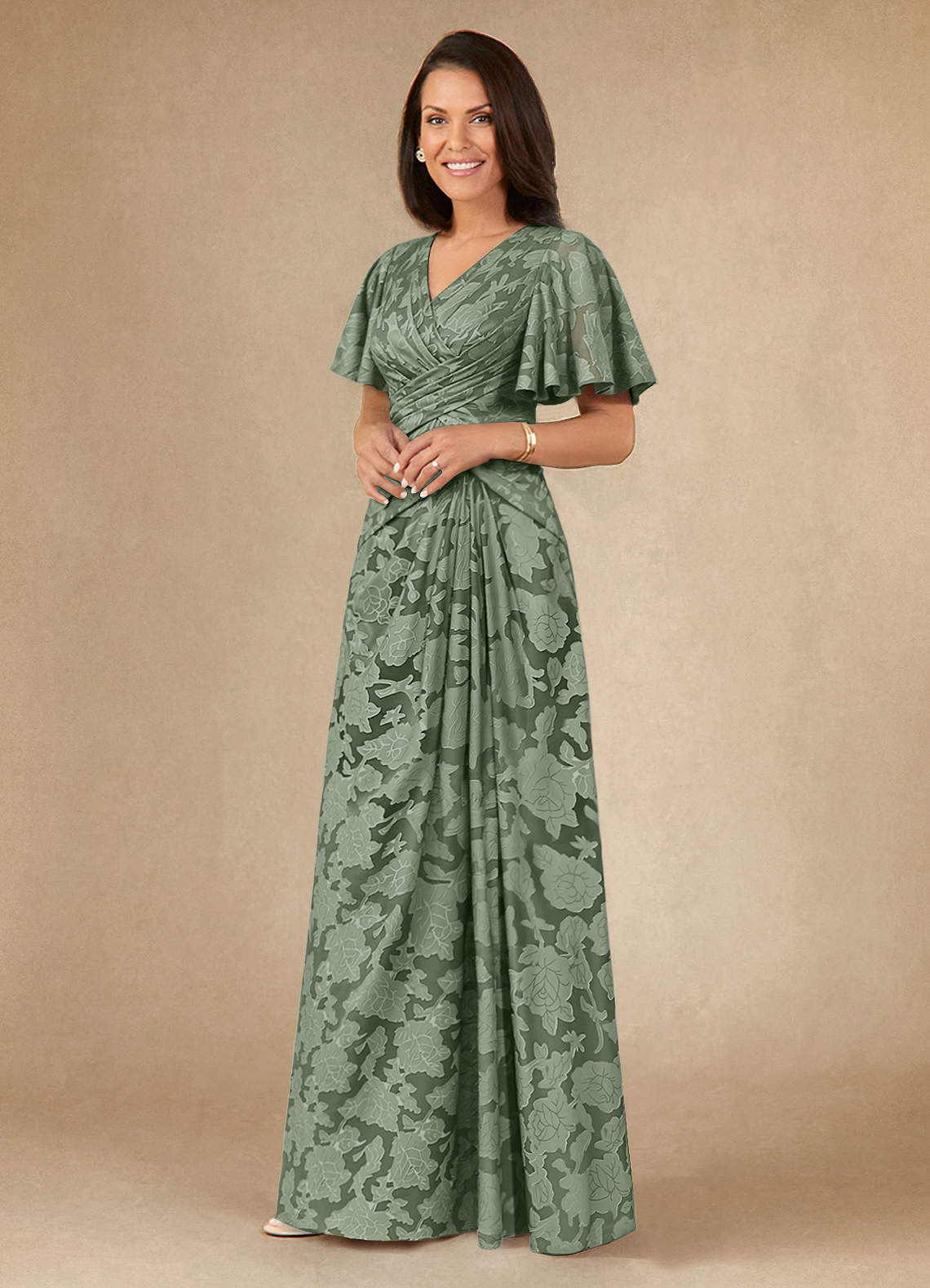 Azazie Emmeline Mother of the Bride Dresses Matcha A-Line Pleated Floral Burnout Dress image2