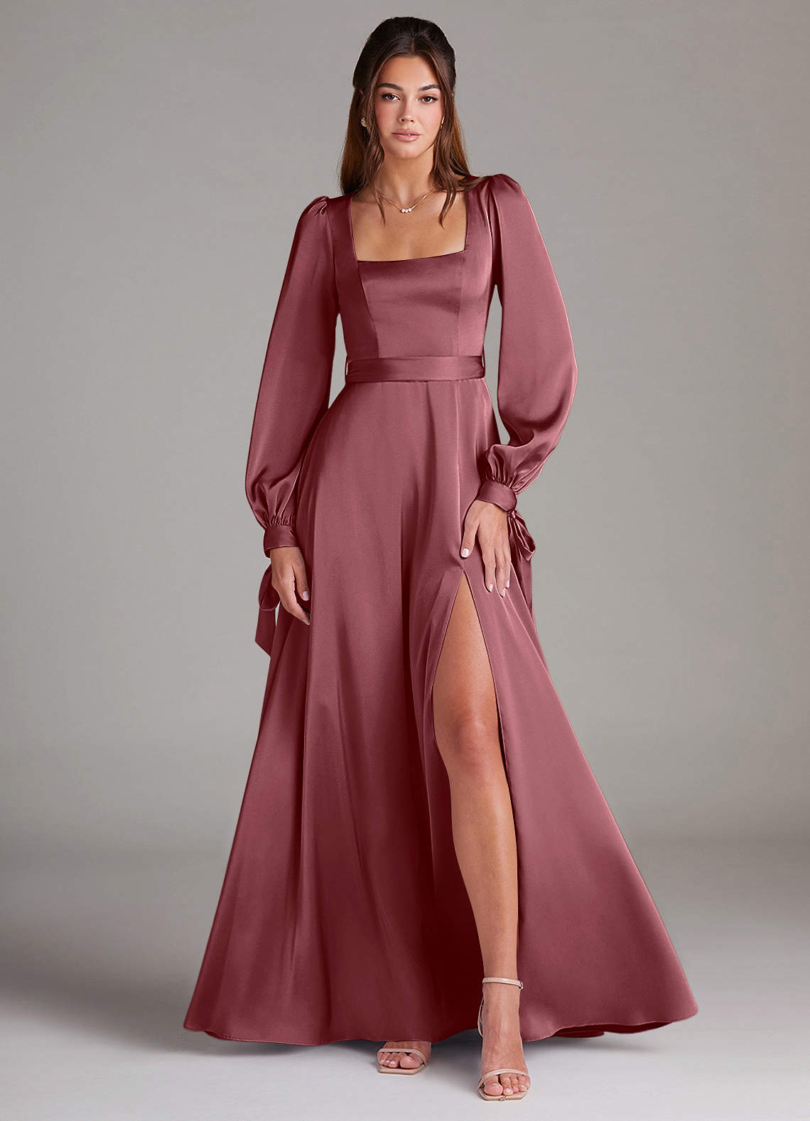 Azazie Leonia Bridesmaid Dresses Desert Rose A-Line Long Sleeve Stretch Satin Dress image1