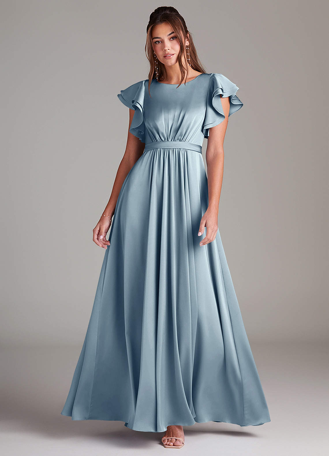 Azazie Daphne Modest Bridesmaid Dresses A-Line Ruched Stretch Satin Floor-Length Dress image1
