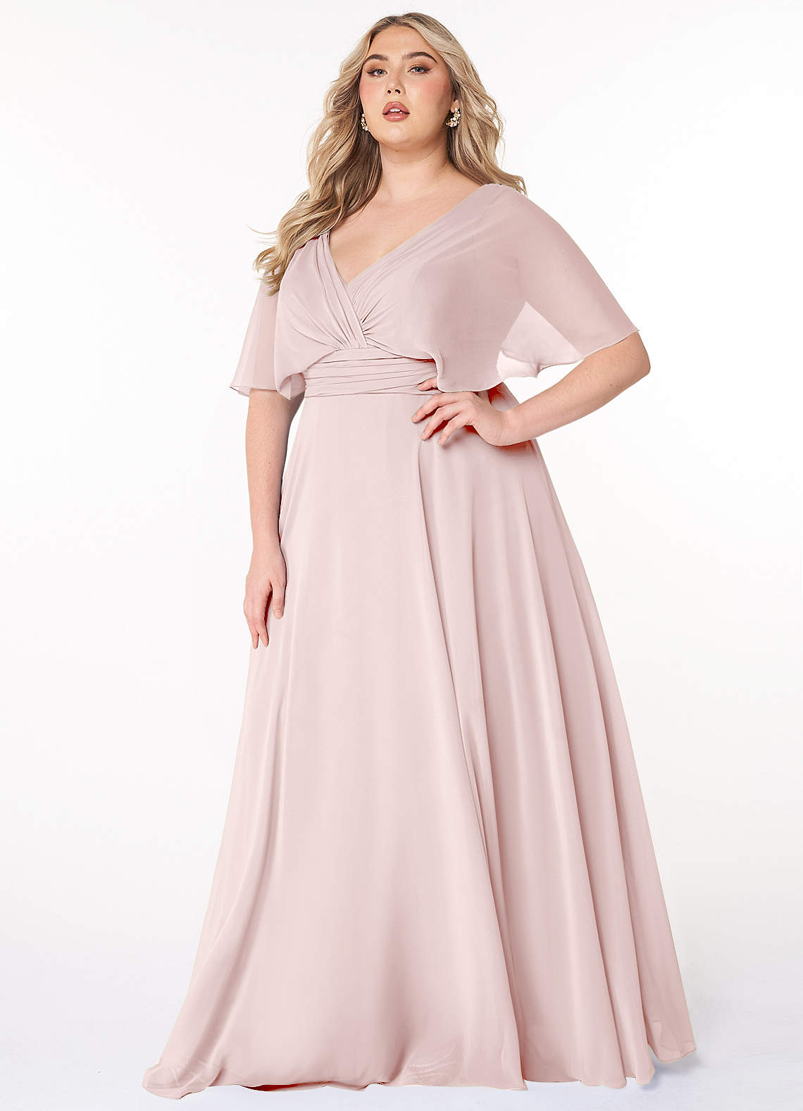 Azazie Pamela Robes de demoiselle d'honneur Robe Trapèze en Mousseline de soie Col V plissé Rose Pâle image1