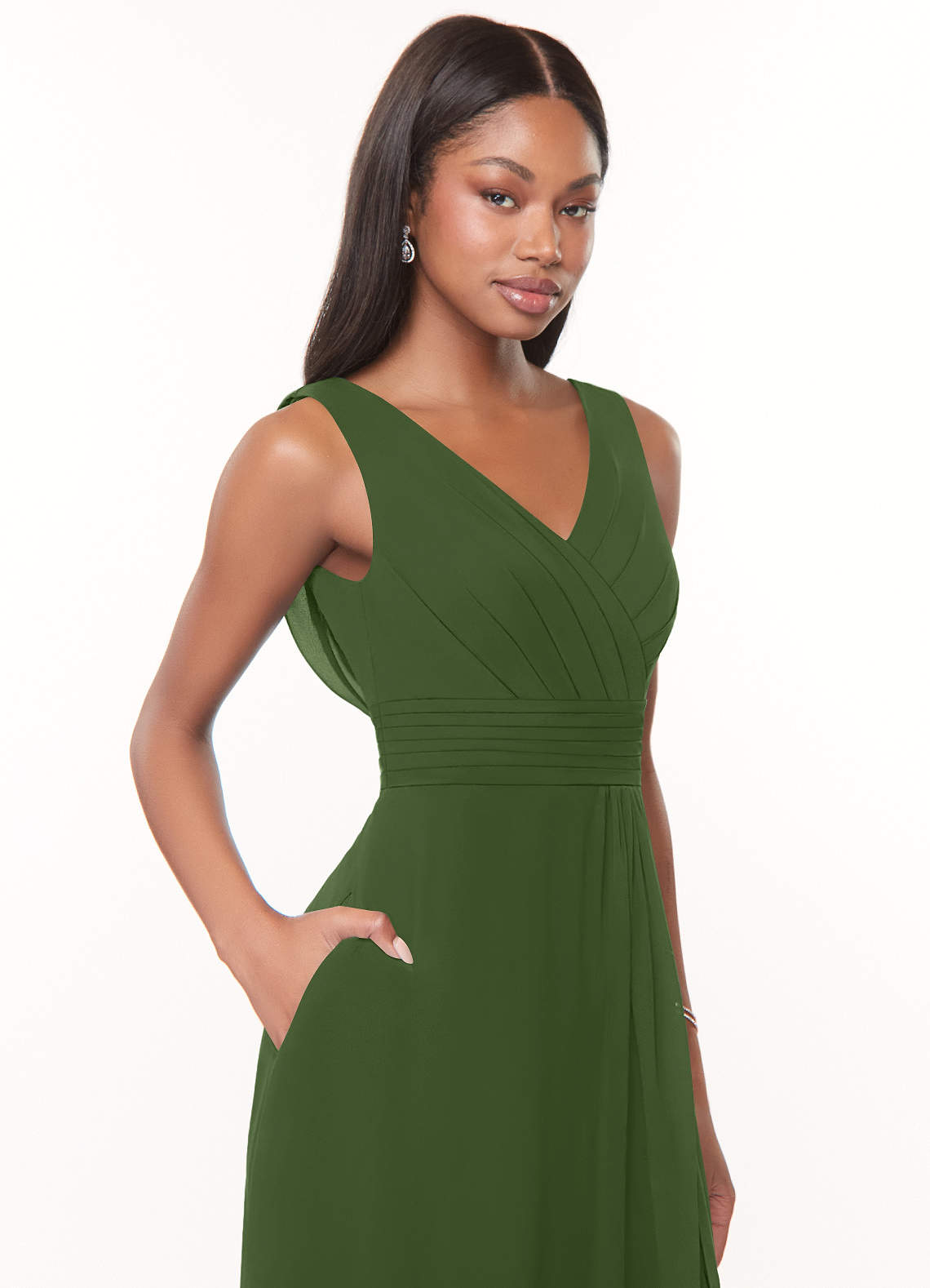 Azazie Karina Bridesmaid Dresses Olive A-Line Pleated Chiffon Dress image4