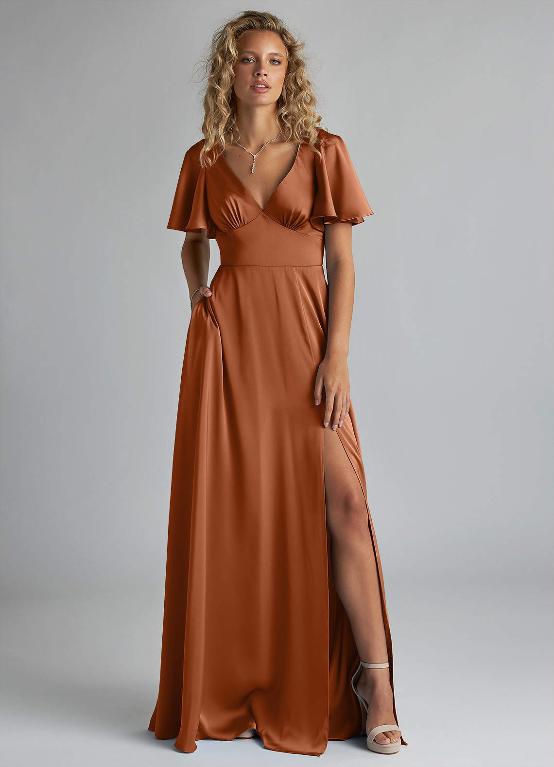 Azazie Kimber Bridesmaid Dresses Copper A-Line Ruched Stretch Satin Dress image1