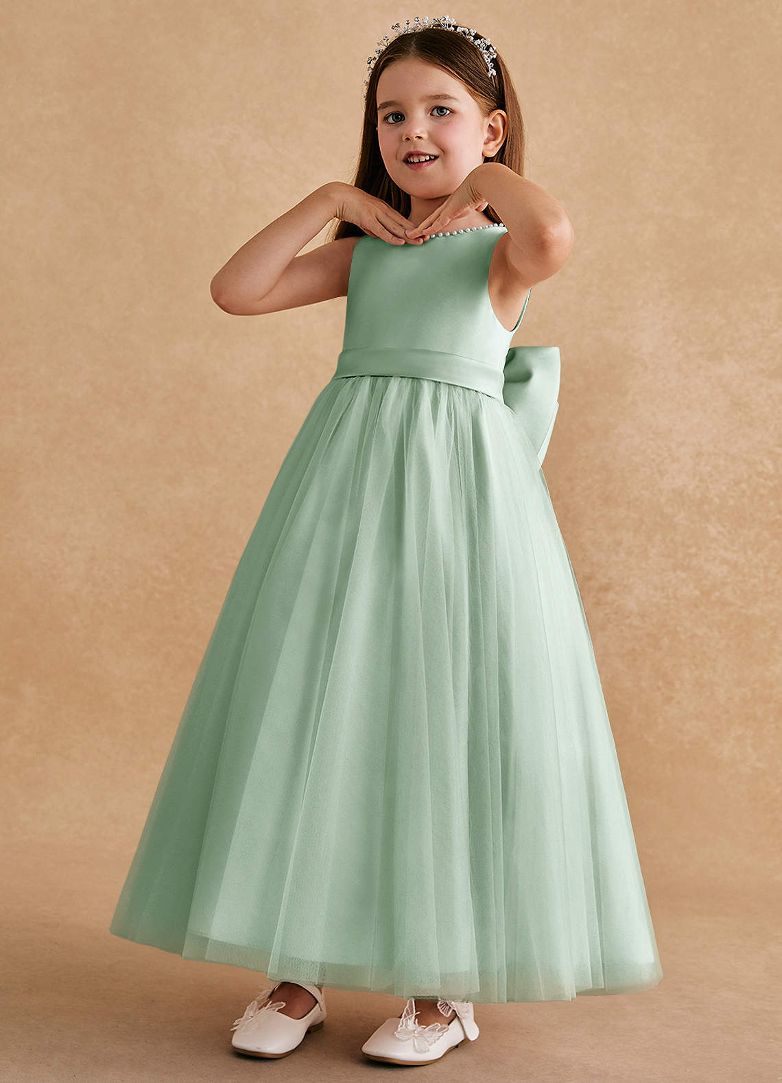 Azazie Cookie Flower Girl Dresses Agave A-Line Bow Tulle Dress image3